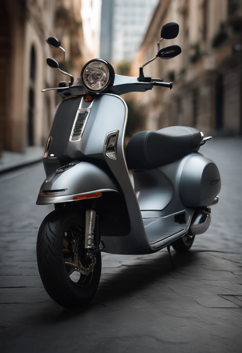 um close up de uma scooter com um fundo com uma cidade com predios ao fundo e a moto em destaque na rodovia, ciclomotor, corpo de metal cinza, steel gray body, infini - d - render, crisp smooth clean lines, Super Modelo-S 100, crisp smooth lines, vista lateral, Plutus Su, conceito fosco, cinza, Ultra Viewing Angle, design liso, com linhas elegantes e um poderoso