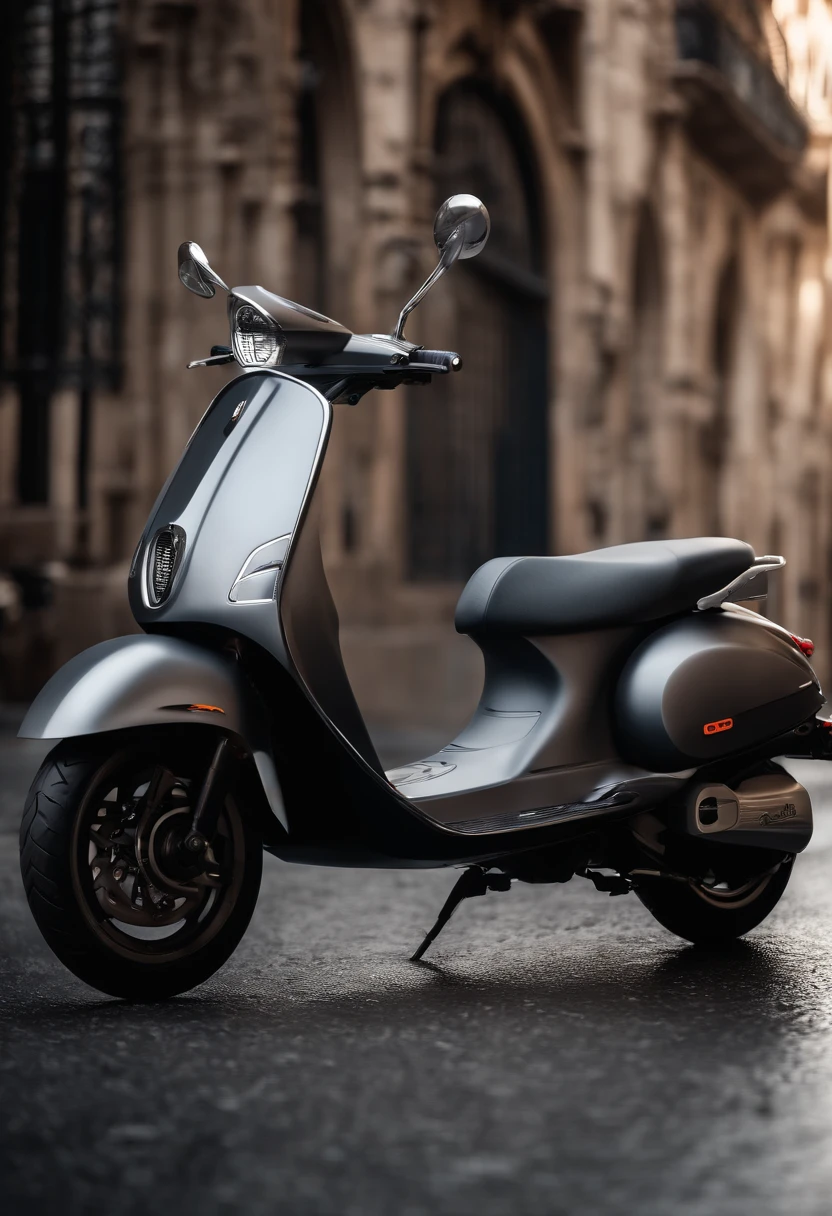 um close up de uma scooter com um fundo com uma cidade com predios ao fundo e a moto em destaque na rodovia, ciclomotor, corpo de metal cinza, steel gray body, infini - d - render, crisp smooth clean lines, Super Modelo-S 100, crisp smooth lines, vista lateral, Plutus Su, conceito fosco, cinza, Ultra Viewing Angle, design liso, com linhas elegantes e um poderoso