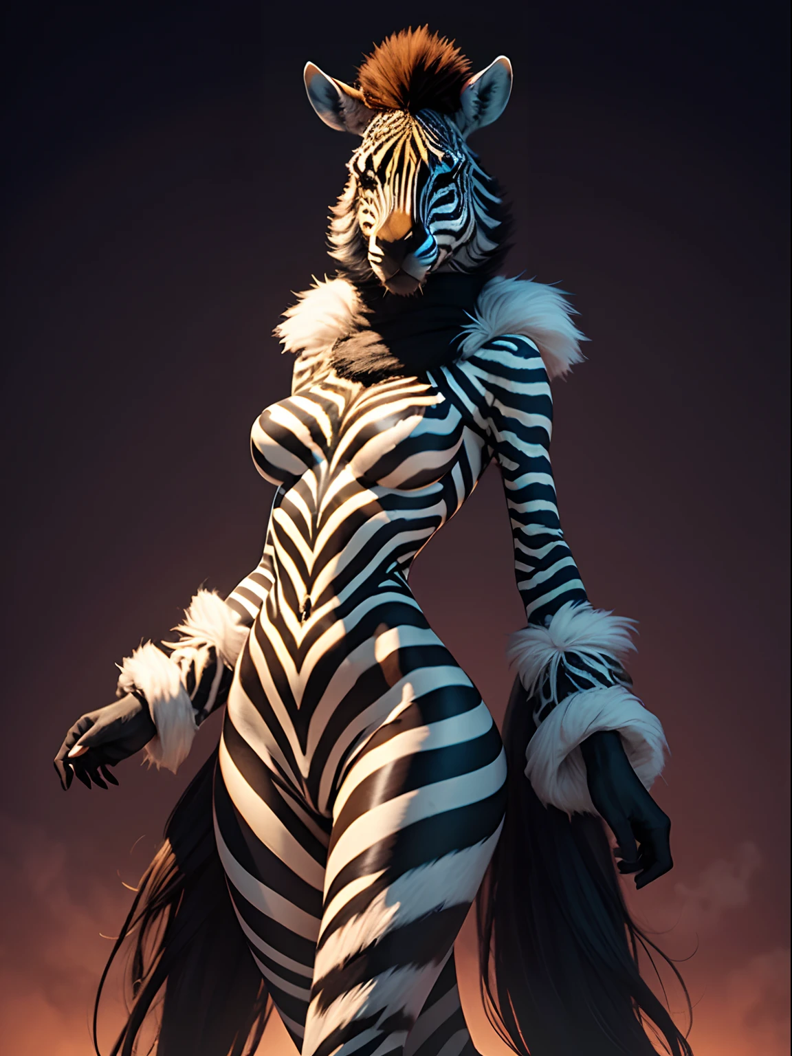 A tall, slender zebra-person, with vibrant zebra fur, large, expressive eyes, and an elegant yet slightly menacing air