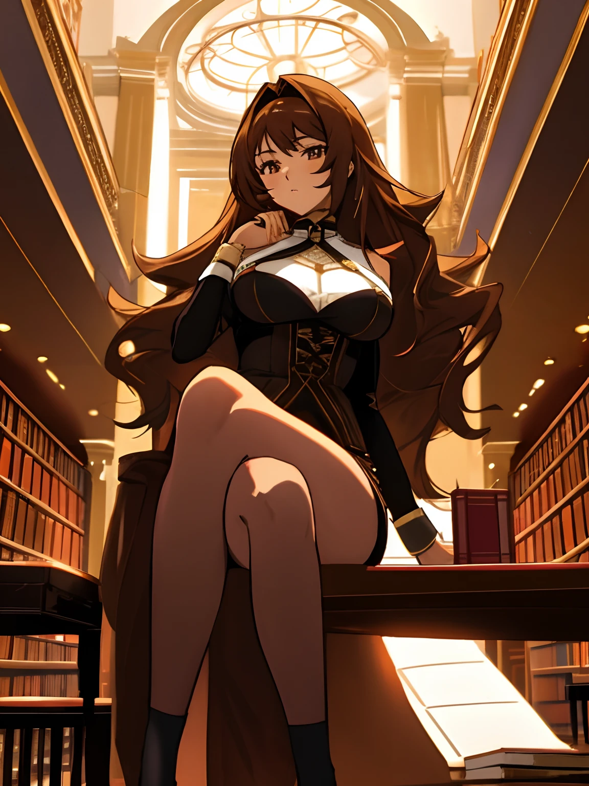 Brown Woman Cascade Hair Luxurious German Body Geek Style Anime Bigger Bust Thick Legs Sitting In A Library Waiting For Her Friends To Enter