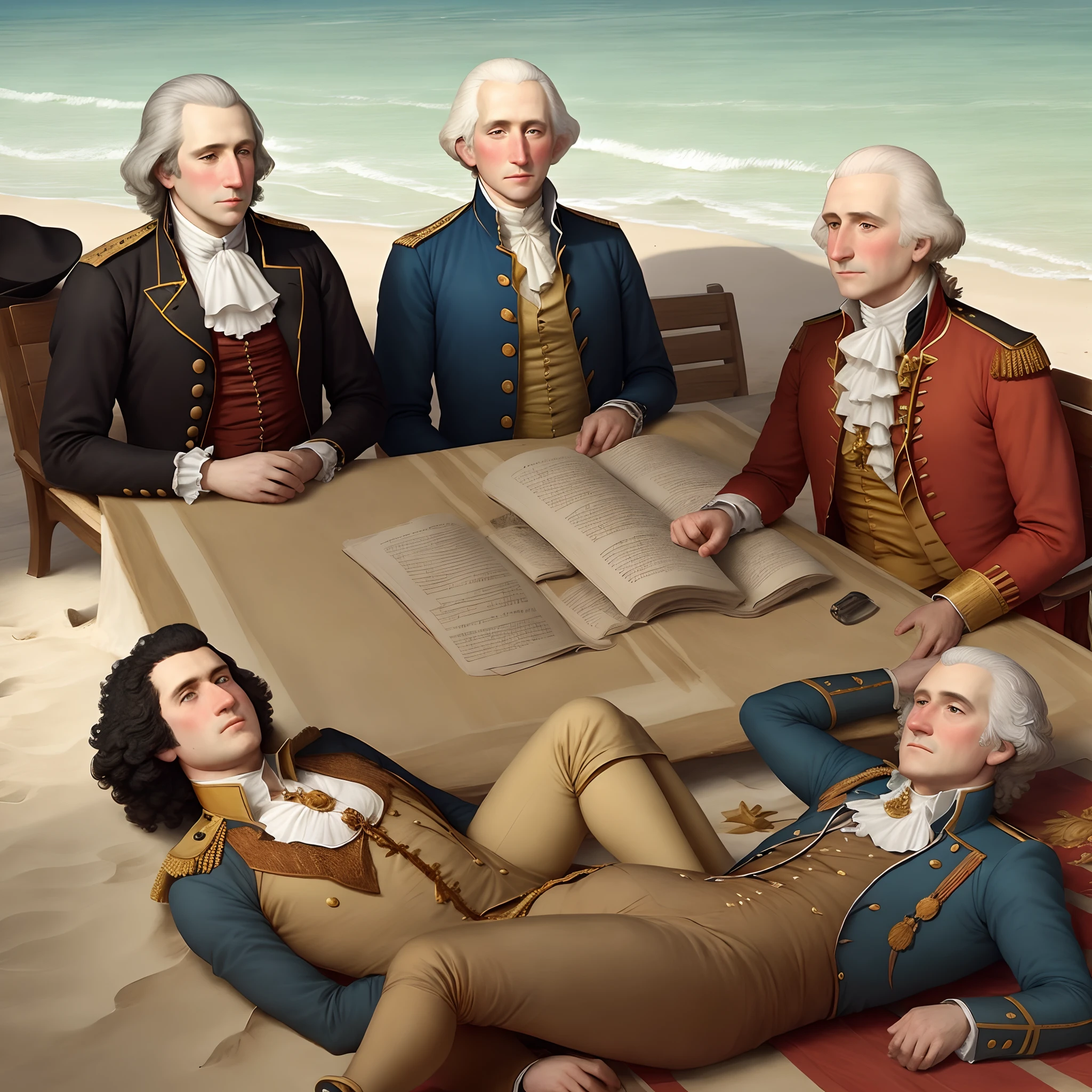 George washington and other founding fathers laying on the beach