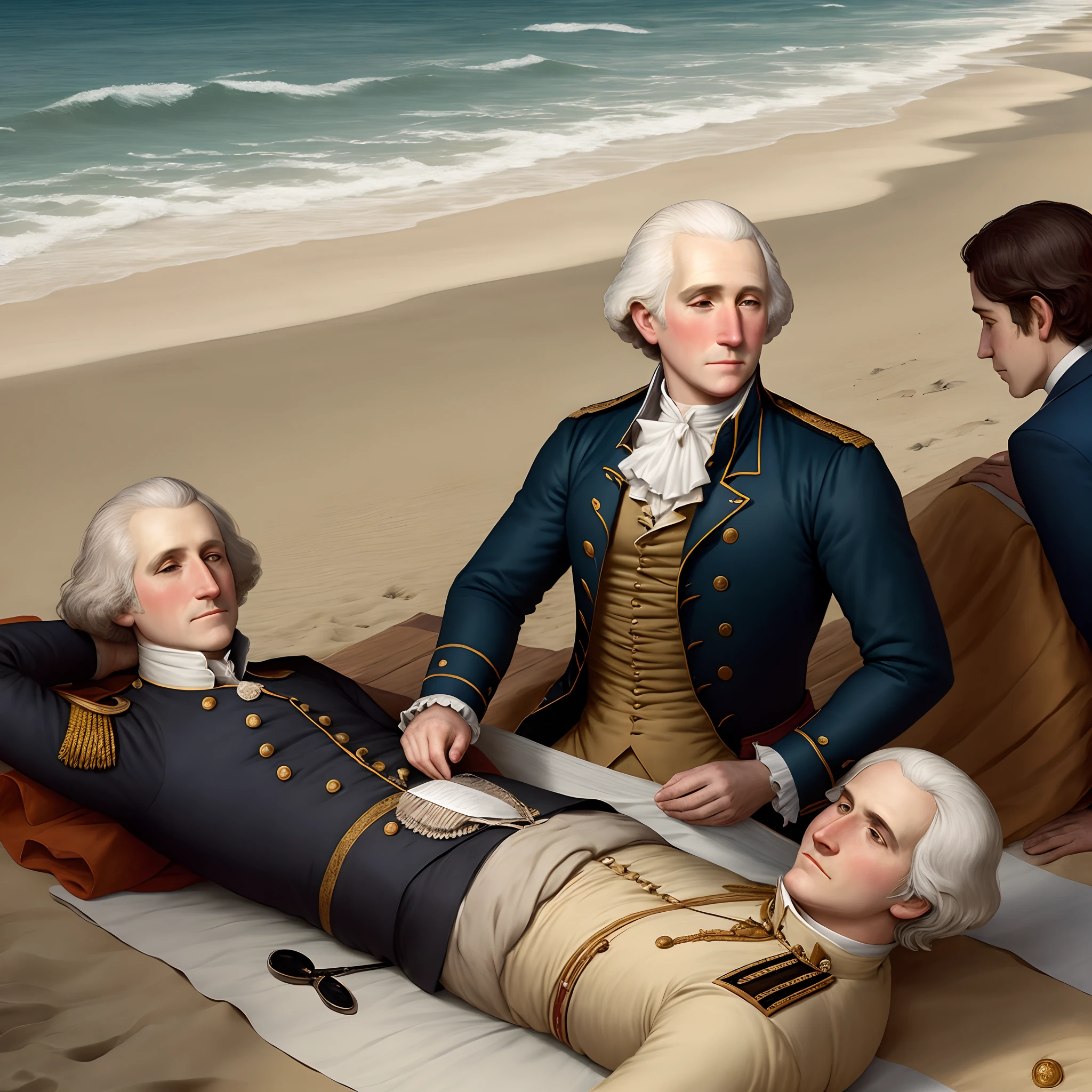 George washington and other founding fathers laying on the beach