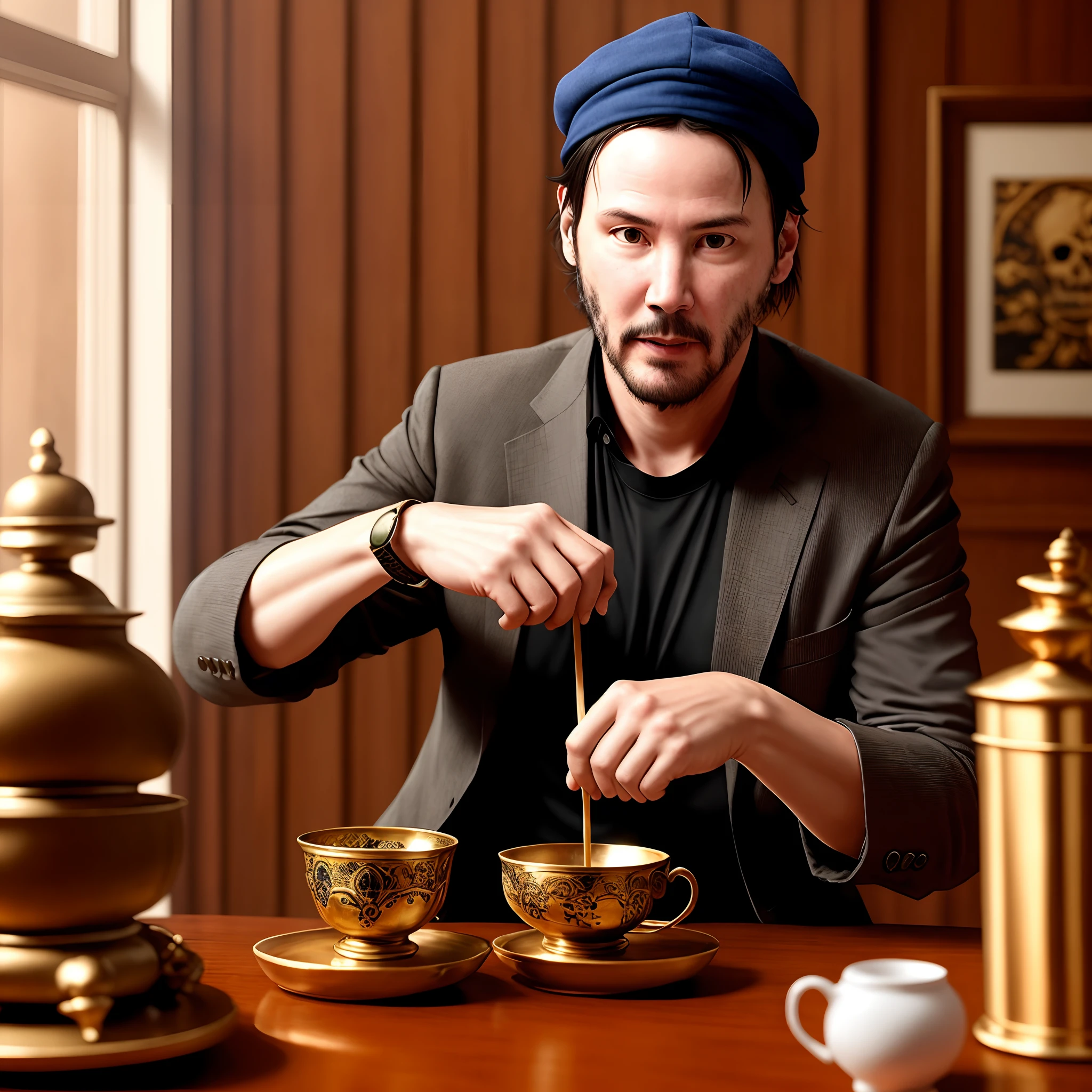 Keanu Reeves with a skullcap on his head with a Tatar ornament drinks tea at the table, Stole Even, Ochpochmak, samovar, accordion, Hyper-realistic, 8K, in detail