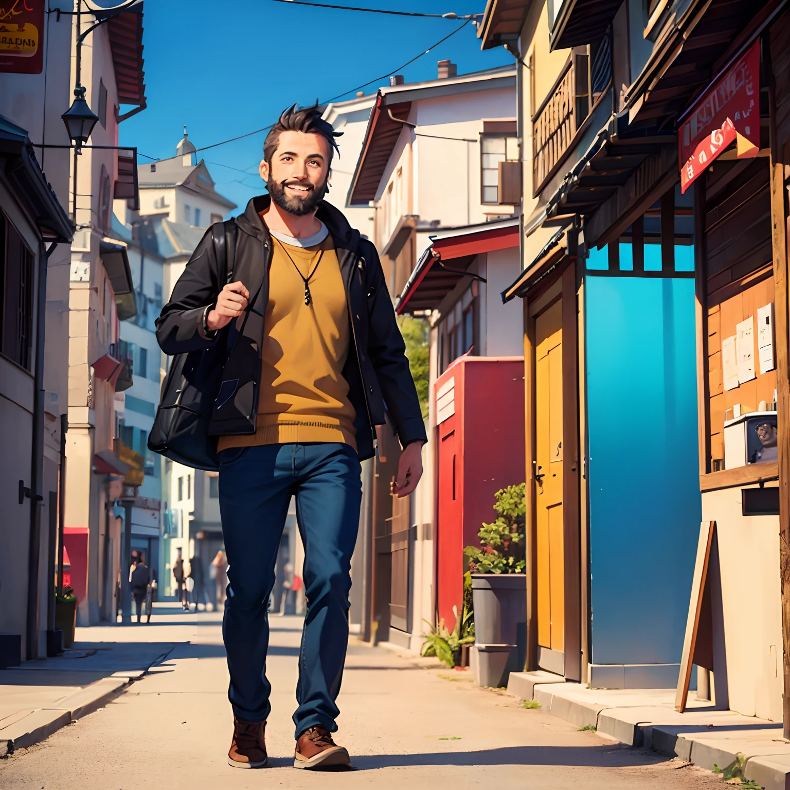 Avatar of a tourist traveling, 40 years old male with short beard, happy, HD, full body