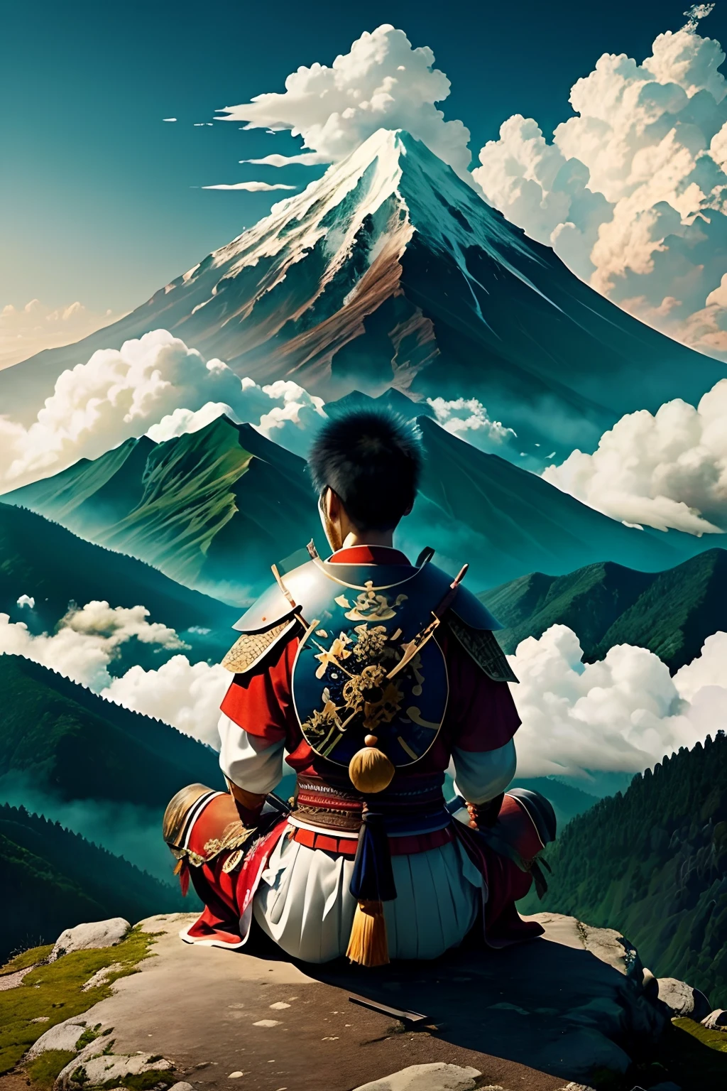 Japanese warrior Meditation with clouds and mountains