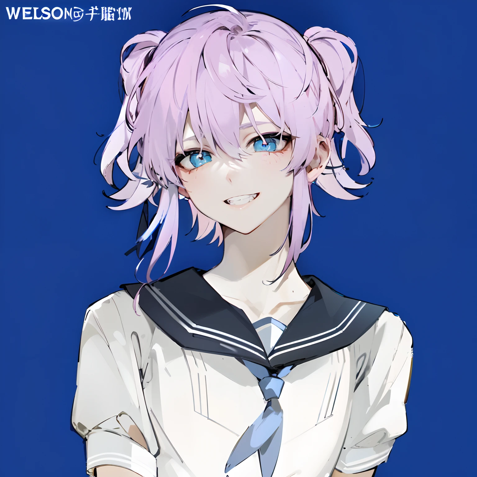 Anime characters with pink hair and blue eyes in sailor costumes, one-girl，A pink-haired，dual horsetail，blue colored eyes，Toothy smile，a sailor suit，Pink bow tie，black short skirt，Lovely face，-year-olrl