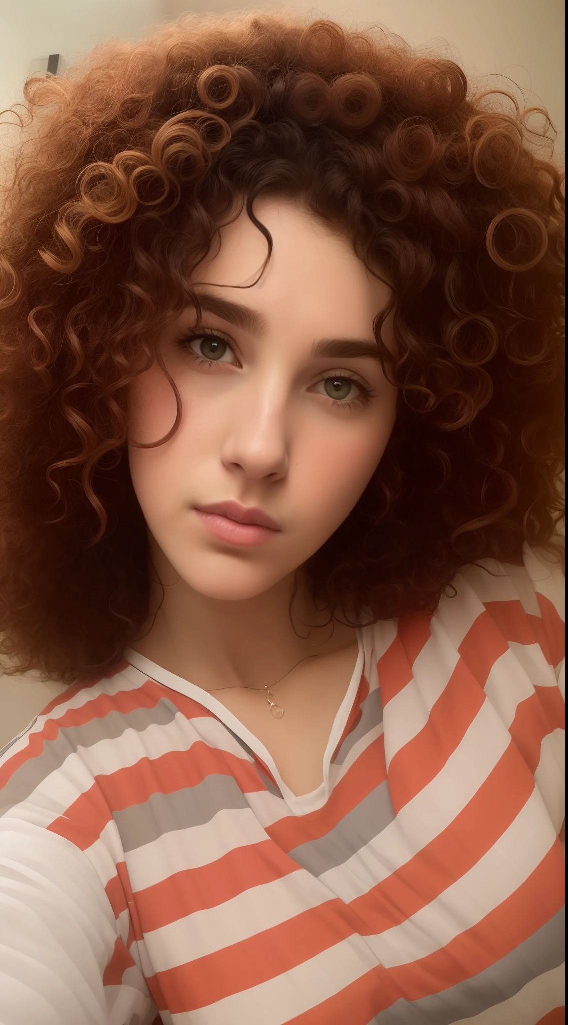 there is a woman with curly hair and a striped shirt, curly haired, profile image, curly, curly bangs, her face framed with curls, curly hair, around 1 9 years old, no makeup wavy hair, messy curly hair, 8k selfie photograph, curly and short top hair, 3 0 years old woman, 30 years old woman, curly pink hair