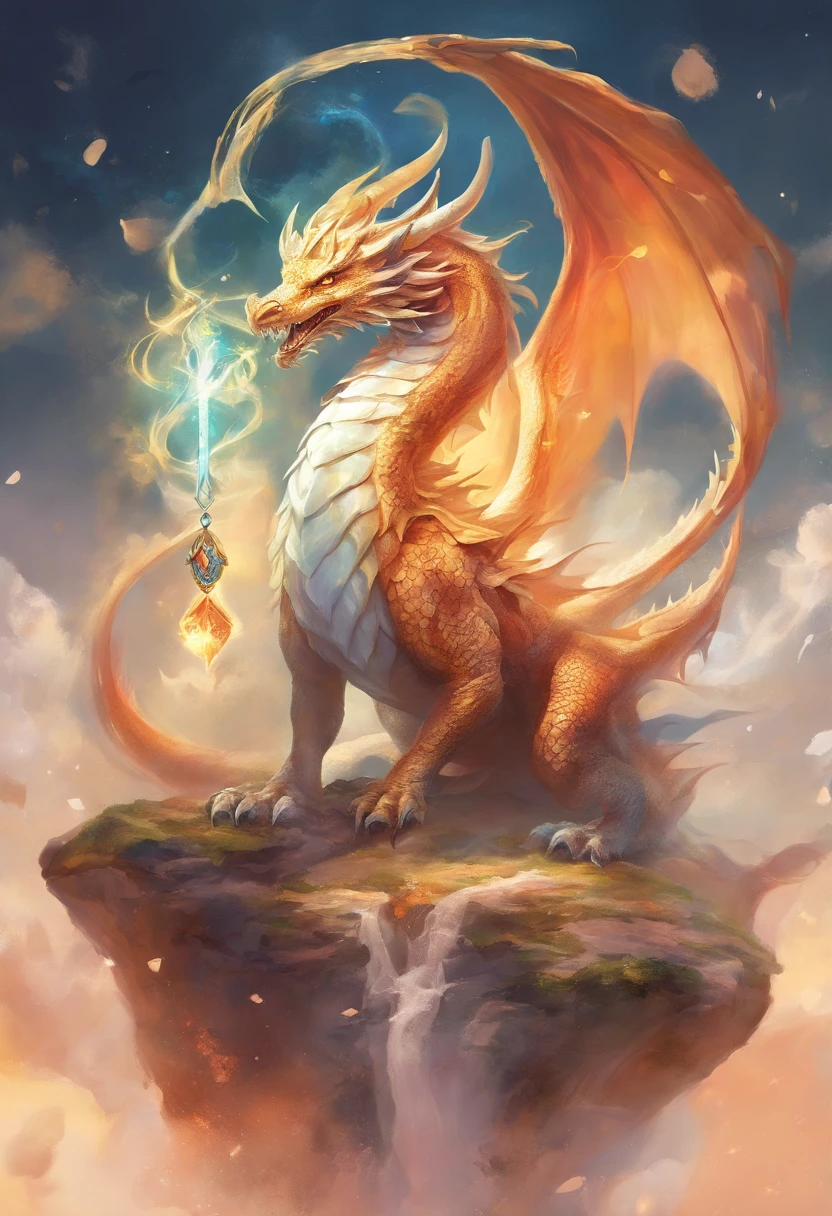 masterpiece, Highest quality,Japan Dragon God、golden dragon、Rin々A funny expression、With fluffy fur。Flying but without wings、Sparkling and kind eyes、Long, slender body like a snake、The background is a waterfall and a rainbow