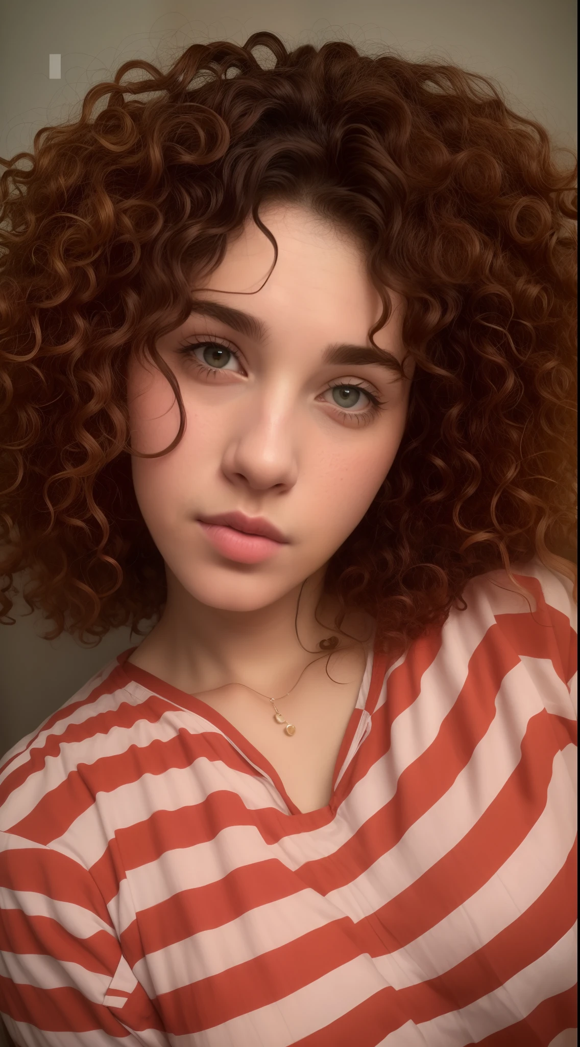 there is a woman with curly hair and a striped shirt, curly haired, profile image, curly, curly bangs, her face framed with curls, curly hair, around 1 9 years old, no makeup wavy hair, messy curly hair, 8k selfie photograph, curly and short top hair, 3 0 years old woman, 30 years old woman, curly pink hair