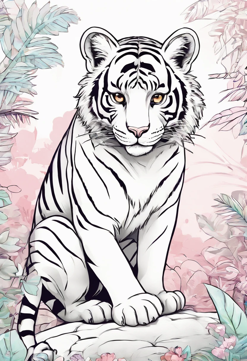 dibujo en blanco y negro para colorear, un tigre en la jungla