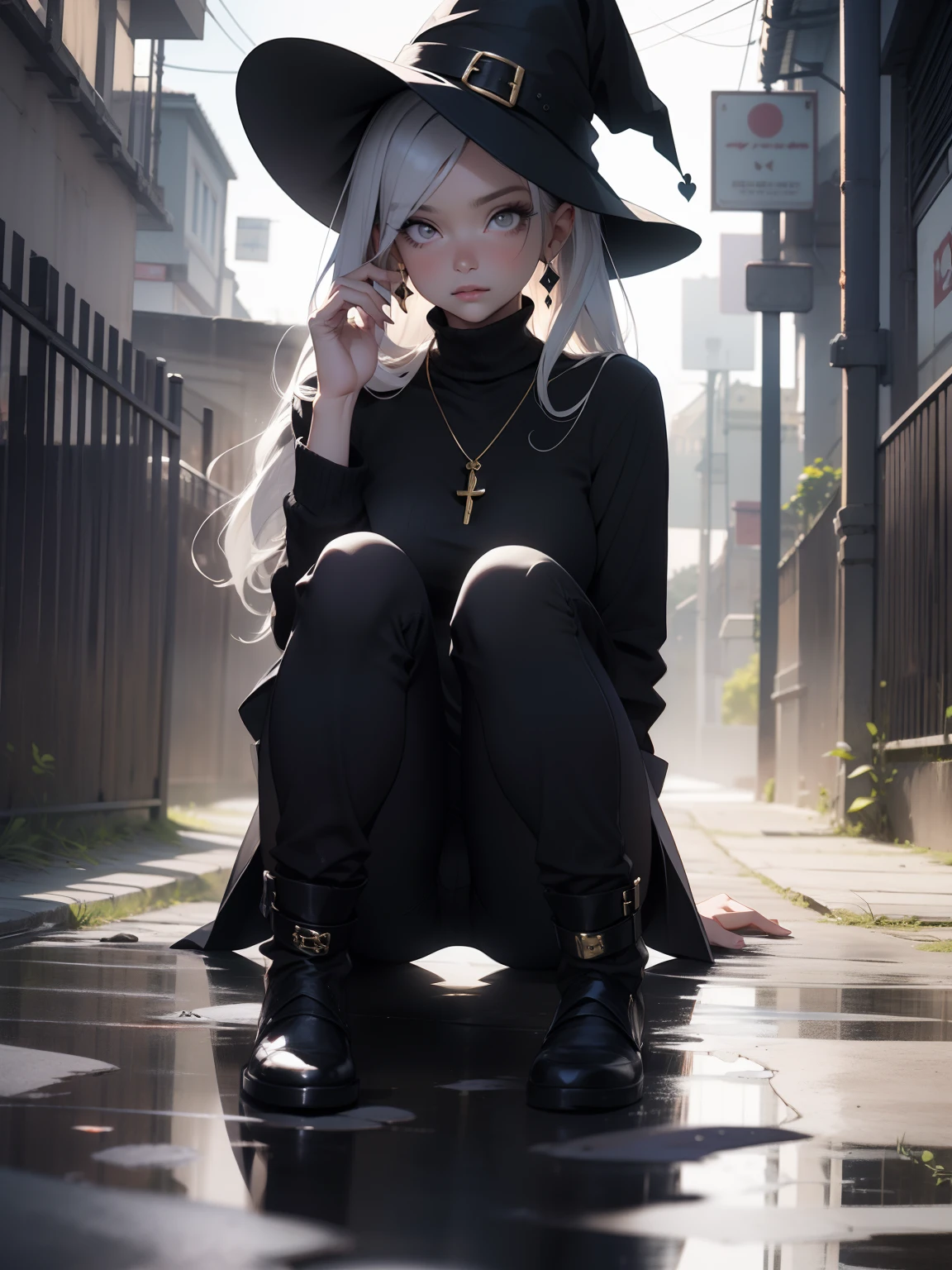 sitting on the floor, pernas cruzadas, simple lighting, maquiagem, mascara, Lips are soft or colored, fundo preto simples, minimalismo, monotone, paletas de cores simples, limpo, Crisp drawings, silhuetas fluidas, lo gothic , half pants, vestir preto, witch hat, Saia, Asymmetric, geometric, roupas pretas, vestir, Simple and minimalist accessories, Necklaces and thin rings in silver or gold, Pulseiras simples, Designs diferentes, silhuetas simples, estilo simples e sofisticado, elegence, minimalismo, materiais de alta qualidade, alta moda, Simplicity and sophistication, vermelho, cor preta, , rosto infantil, pequena, cabelo preto, sentado