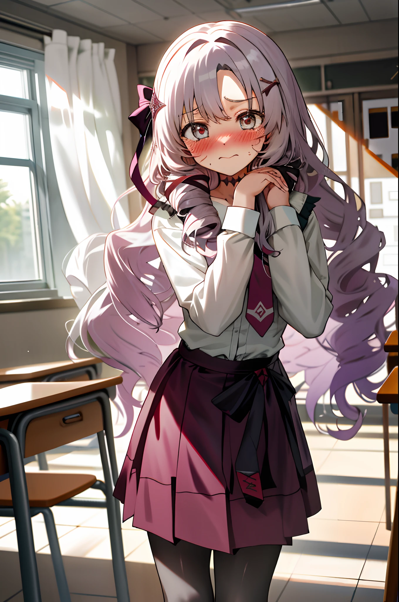 One girl with long wavy hair, looking at viewer, embarrassed, blushing, tears, indoor , school uniform, white shirt, necktie, puff long sleeves, mini skirt, thigh, perfect waist, classroom, noon atmosphere, hair ornament, standing, pantyhose (embarrassed:1.0),