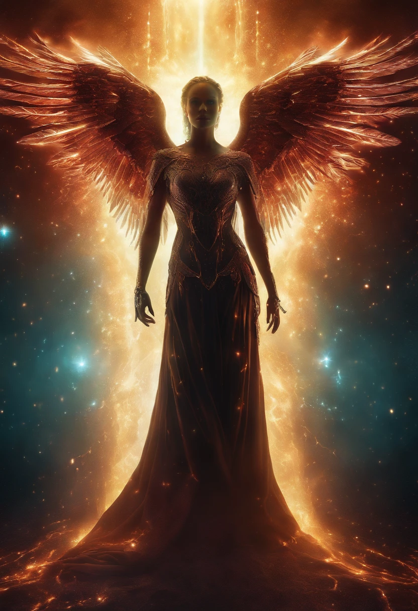 Cosmic Fallen Angel, glowing light eyes, Biomechanical, eerie, Creepy, nightmarish, Very bright colors, Light particles, with light glowing, Mshiff, wallpaper art, UHD wallpaper