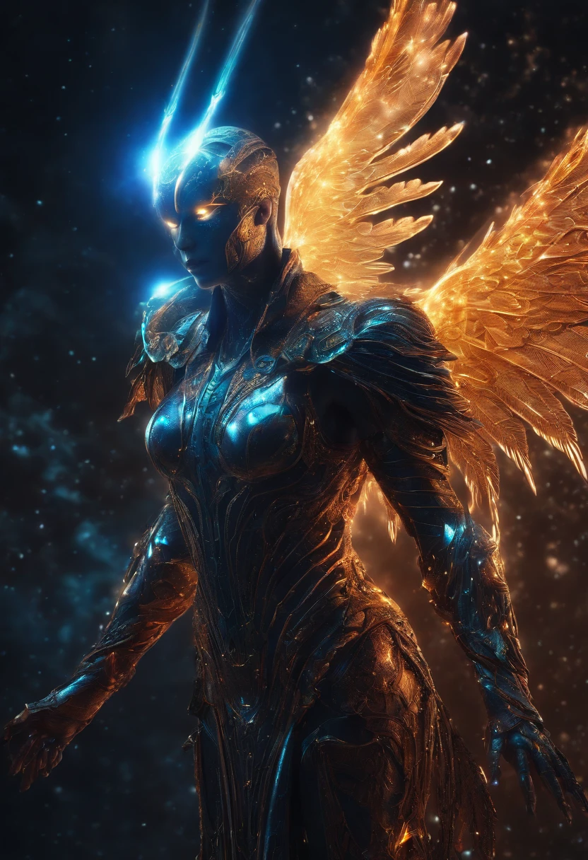 Cosmic Fallen Angel, glowing light eyes, Biomechanical, eerie, Creepy, nightmarish, Very bright colors, Light particles, with light glowing, Mshiff, wallpaper art, UHD wallpaper