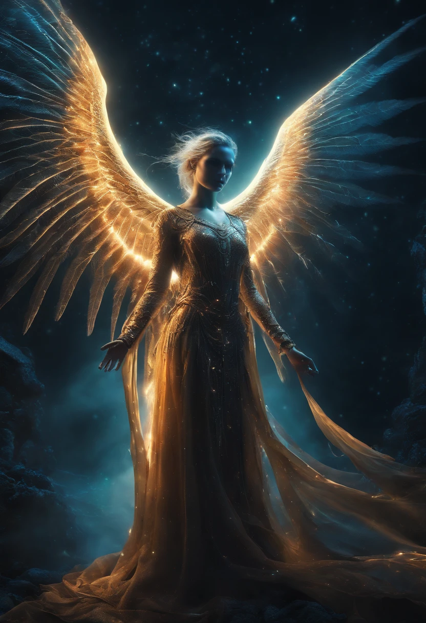 Cosmic Fallen Angel, glowing light eyes, Biomechanical, eerie, Creepy, nightmarish, Very bright colors, Light particles, with light glowing, Mshiff, wallpaper art, UHD wallpaper