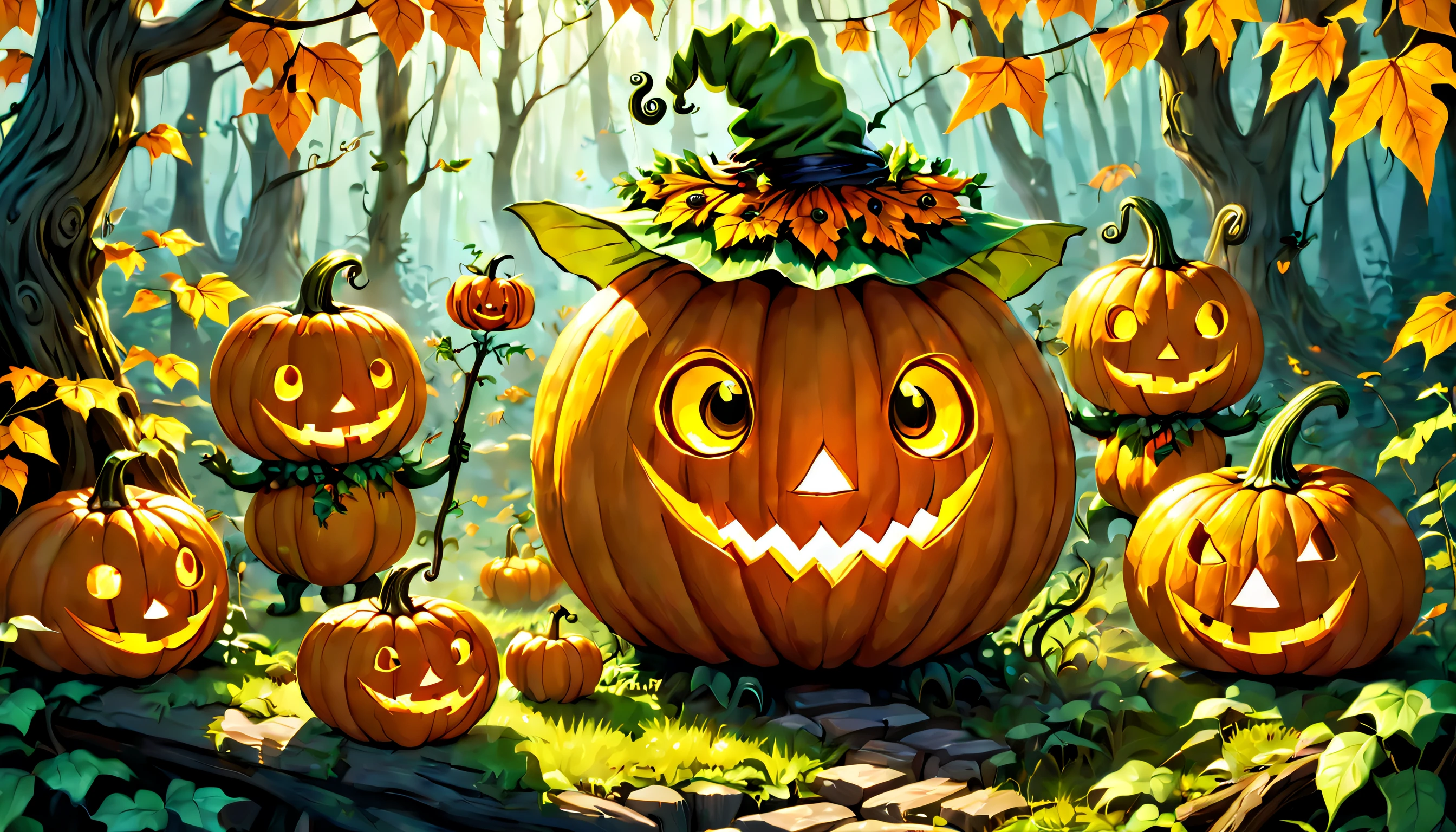 A friendly and whimsical jack-o'-lantern that houses a menagerie of cheerful forest spirits known as kodama. Everyone feels welcome and delighted by the warmth and magic radiating from the pumpkin and its joyful inhabitants.