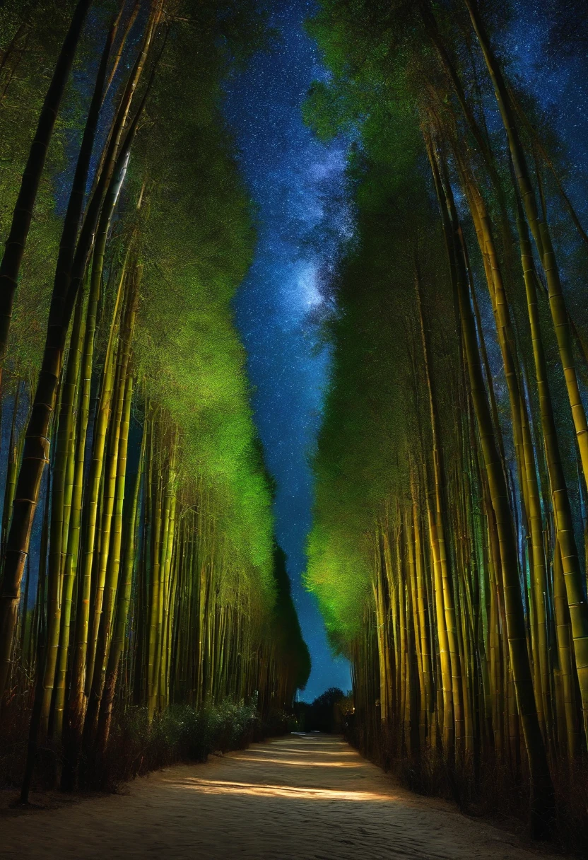 Starry Night Van Gogh,. Futuristic, bamboos,