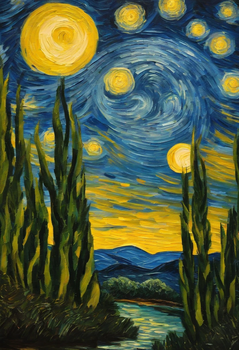 Starry Night Van Gogh,. Futuristic, bamboos,
