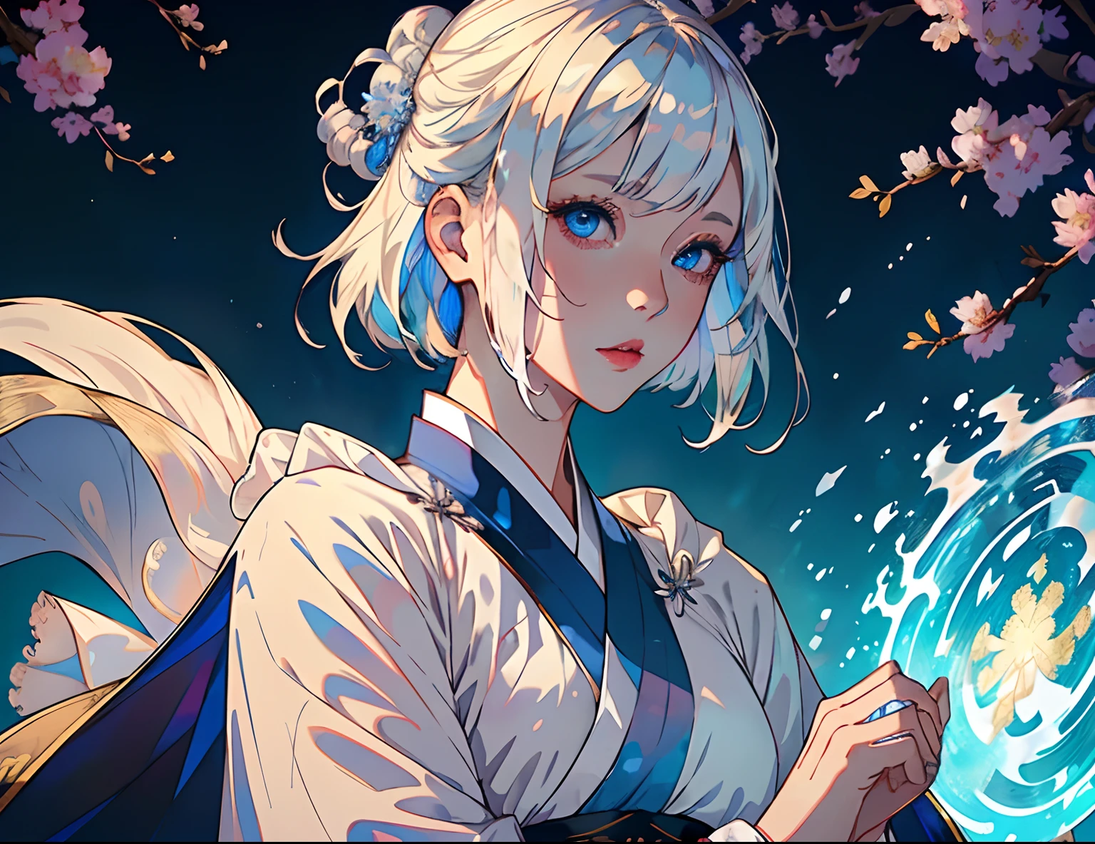 girl, blue ruqun, best quality, head, original outfit, hanfu, clear details, masterpiece, best quality, clear details, 1girl, palace background, blue eyes, platinum blonde hair, short hair, big eyes, white kimono, cloak with fur without emotional facial expression