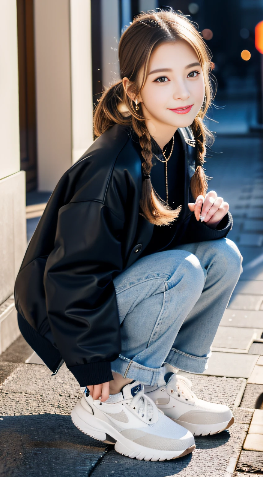 (((32K,very high res, high detailing, highly accurate,Masterpiece Girl 1:1.5))),Raw photo & realistic atmosphere,beautiful dark blue eyes,Detailed mouth,Glossy lips,Detailed eyebrows,Soft white skin that shines with every detail,,Eyes drawn in detail、Very beautiful eyes with azure eyes,Detailed lips、Very beautiful face,Very well-formed face、Lifelike face,shiny beautiful lips,Beautiful eyebrows,Infinite reality,Best design,(Insanely cute Japan 16-year-old high school girl,,Beautifully shaped breasts,Very cute beautiful girl,Little Girl,Healthy body,Outstanding style:1.5),Best Natural Makeup,Japanese ido,Korean Idols,Young sensual idol,Moist eyes,Dark Beautiful Deep Eyes,Beautiful butt,beauty legs,,camel's foot,:1.3),超A high resolution、,Natural and realistic face,Back lighting,Pure eyes are too cute,(((photorealisim,Photograph the whole body))),,Reality Live Action,(Fashionable earrings,,a necklace,A bracelet,gyuru,Glossy nail art,2022 Women's Teens Winter Casual Fashion,Down jacket,Black pants,white shoe,Calm and fashionable girl,light brown hair,Braided ear hair,独奏,little smiling,full body Esbian,Show full-body fashion,Leaning forward,Bend over, Only beauty young cute 15 year old girl,A rather petite and very cute 15-year-old girl:1.7),Night in Shibuya