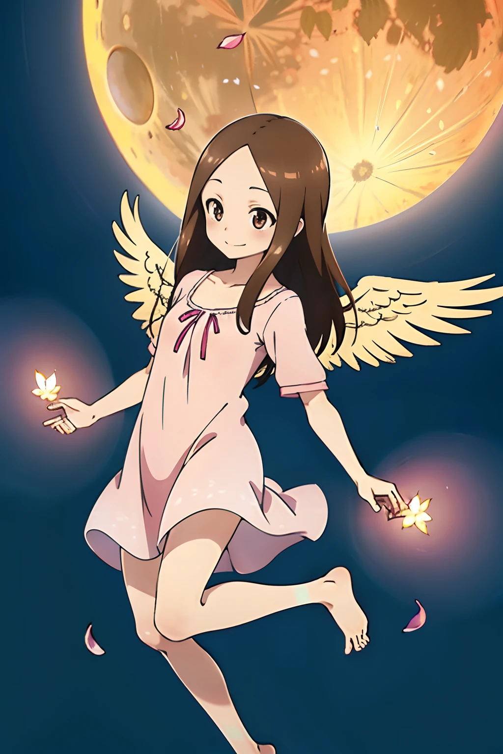 (Realistic),(Photorealistic),Takagi_San, 1girl in, Long hair,((pink nightdress)),no sleeves, ((Circle of Angels)),((Two angel wings on the back)),Angel Cosplay,Brown hair, Part bangs, Brown eyes, Forehead,Barefoot,Smile, Looking at Viewer, masutepiece,Full body,Girl in the air, Best Quality, (Colorful),volumatic light, Ray tracing,the Extremely Detailed CG Unity 8K Wallpapers,Smile,Full moon in the background,((a large number of flying petals,)),natta,light, Fantasy, Windy, magic sparks, A large number of petals fly