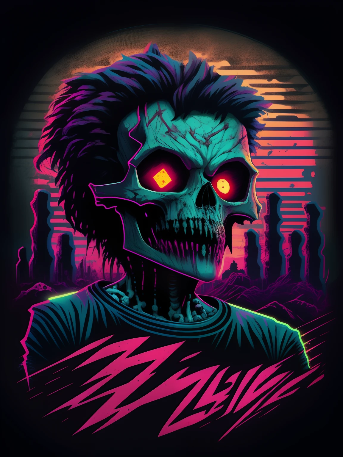 a close up of a person with a skull face and a neon background, ancient neon monster portrait, inspired by Dan Mumford, synthwave art, macabre poster art, in the style dan mumford artwork, [ synthwave art style ]!!, [ synthwave art style ]!! ]!!, inspired by John Carpenter, by Justin Gerard, synthwave art style