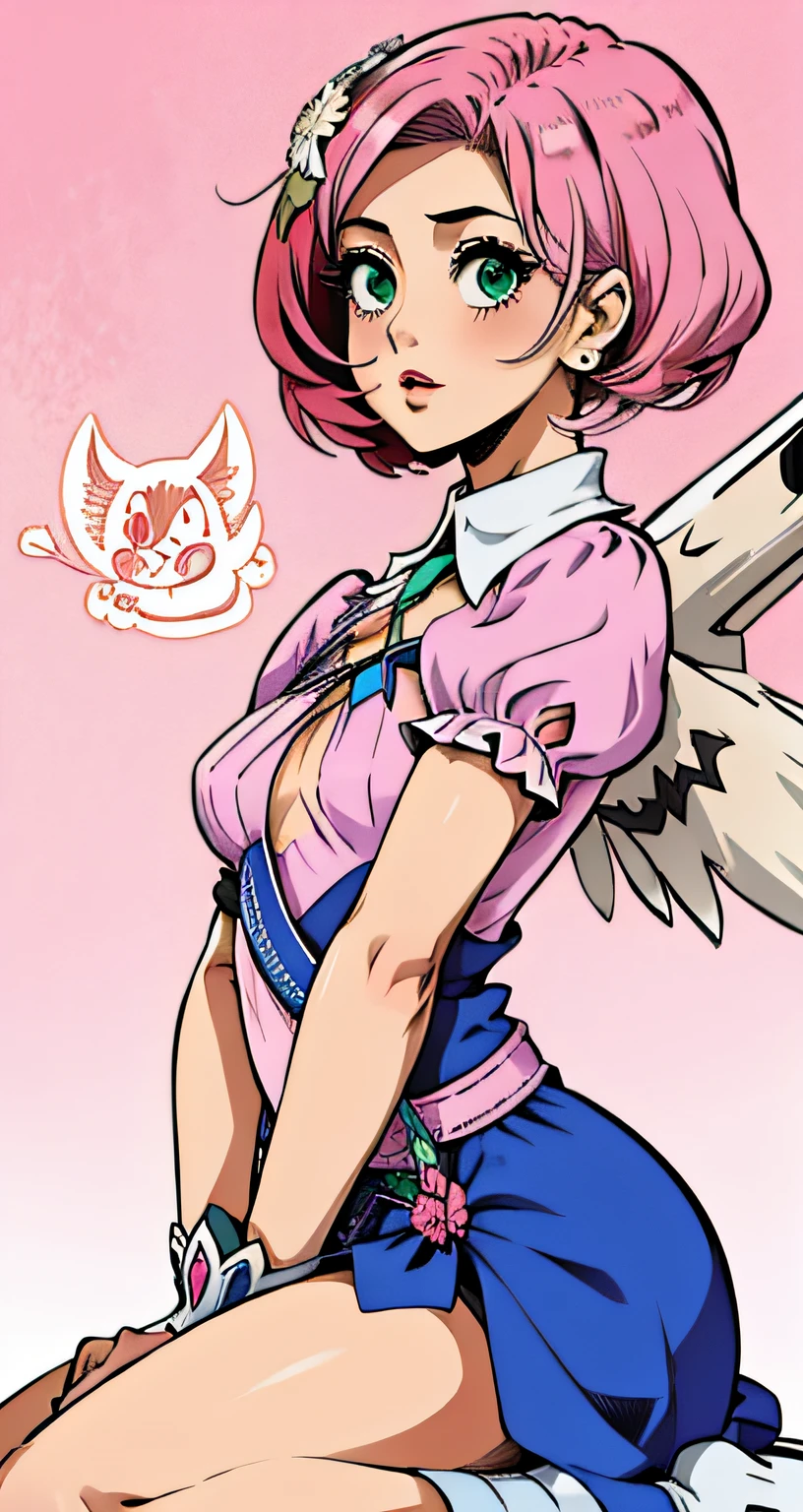 Alisa bosconovitch, melhor qualidade, contemporary, estilo plano, minimalismo, Green Eyes Flat Illustration, cabelo rosa, cabelo curto, cabelos multicoloridos, Camisa Preta, mechanical wings, Head Portrait Close-U, peito pontudo, decote, super decote, middlebreasts, Tekken,cabelo rosa pastel, 1girl, em quimono, hand-painted,Desenho de linha sem cor, colorida do yandere pastel, Tekken, Super cute pink hair girl with gothic makeup on the side, com roupa de empregada,figura esbelta,robusto,He sat on the floor,Vestido com roupas de empregada rosa e branco,cabelos muito curtos,com orelhas de gato,quadratic element,, kawaii cor-de-rosa na roupa da era de 1910, Alisa Bosconovich pink lips, no estilo da paleta de cores suave aurorapunk, an anime illustration of his face, gifs animados, hand drawn animation, charming sketches, suave e brilhante, romantismo nebuloso, Estilo Superflat, fundo branco - ar 1:1 - niji 5 - estilo expressivo --s 50 ,Pink kawaii girl in the era of 1920s clothesPink eagles, vestindo uma camisa branca brilhante, no estilo da paleta de cores suave aurorapunk, an anime illustration of his face, gifs animados, hand drawn animation, charming sketches, suave e brilhante, romantismo nebuloso, Estilo Superflat, fundo branco - ar 1:1 - niji 5 - estilo expressivo --s 50, Absurdo, Alto, ultra detalhados, (1girl:1.3), quebrar , Crie uma imagem com uma bela caligrafia