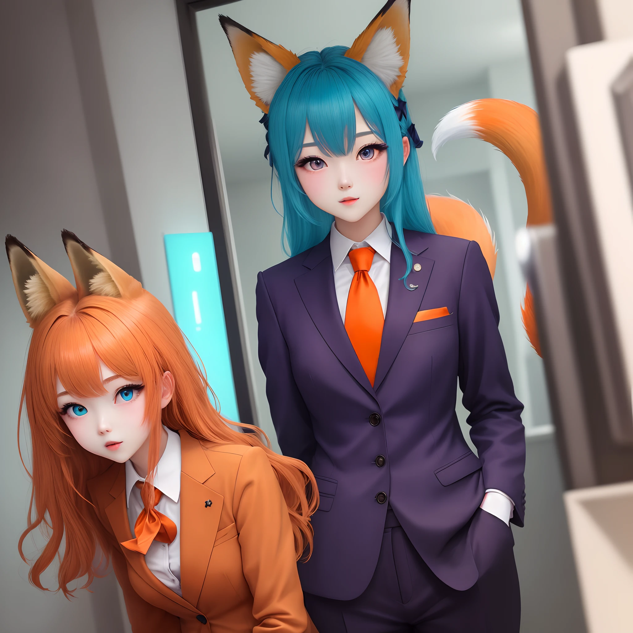 A girl, Fox ears (Orange), Fox tail (orange), black suit, purple top on suit, Purple tie, Cyan eyes