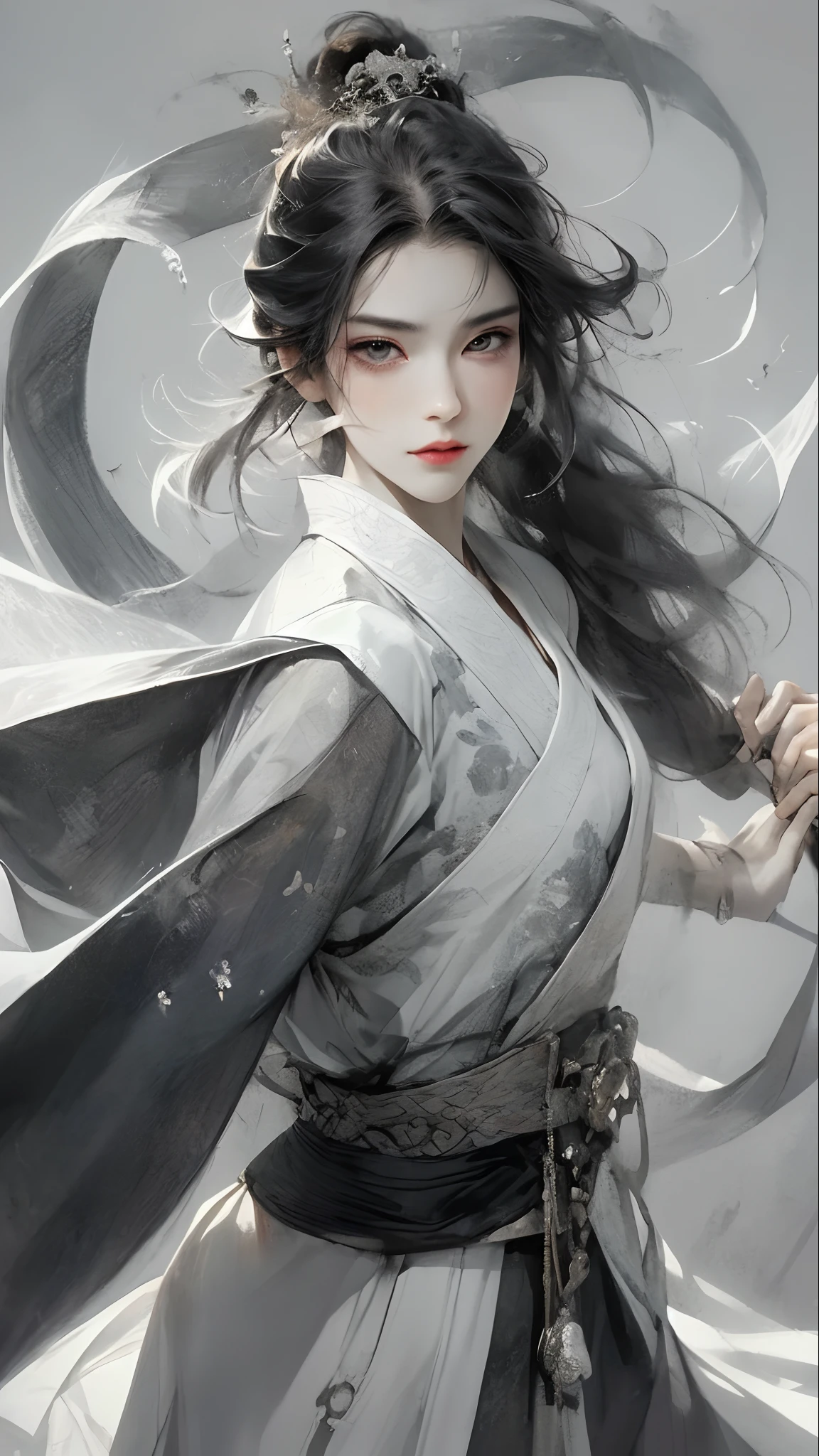 a black-haired，Bust of a man with black eyes，Male man，The expression is serious，Weapon in hand，Attack action，dynamic compositions，low head，Hanfu，Manteau blanc，Cold eyes，Loose hair，（Ink blending ）Belle peinture de personnage，Costume black and white ink style，The face is detailed and colorful，aquarelle，Pale，Martial arts style，National style，A delicate and beautiful face，Waist seal，Sharp eyes