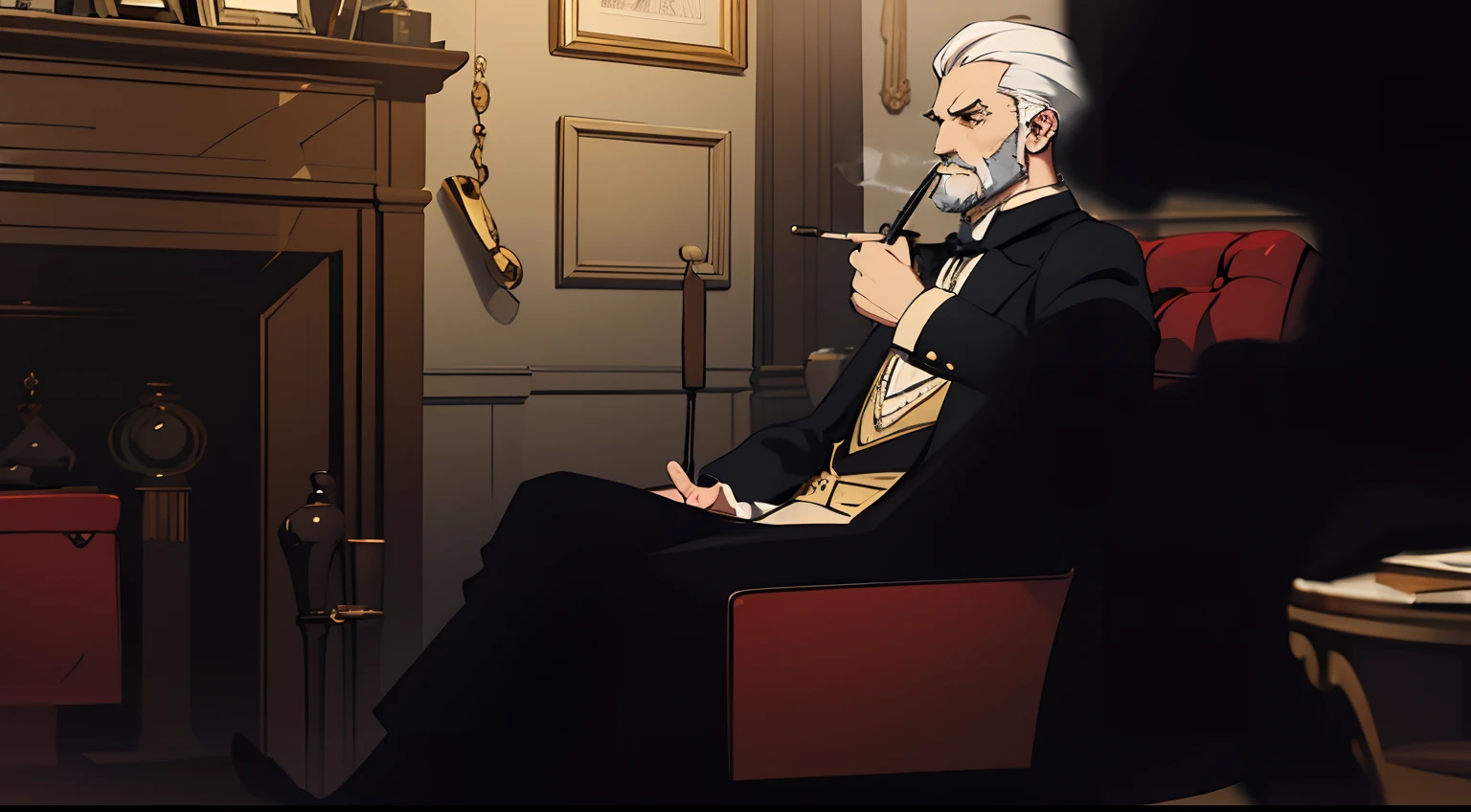 Anime style pencil sketch, Man in Victorian costume, Professor's coat, White hair and beard, smoking pipe in the left hand, sitting in the armchair