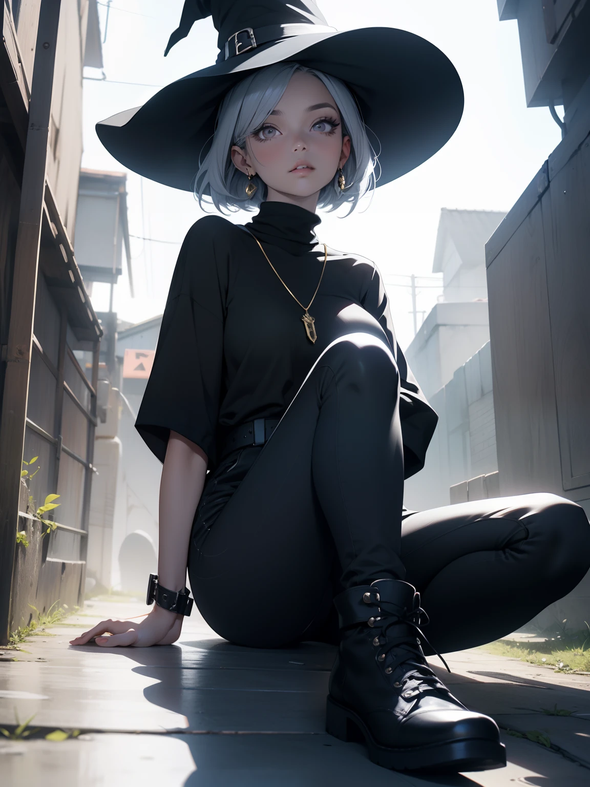 sitting on the floor, pernas cruzadas, simple lighting, maquiagem, mascara, Lips are soft or colored, fundo preto simples, minimalismo, monotone, paletas de cores simples, limpo, Crisp drawings, silhuetas fluidas, lo gothic , half pants, vestir preto, witch hat, Saia, Asymmetric, geometric, roupas pretas, vestir, Simple and minimalist accessories, Necklaces and thin rings in silver or gold, Pulseiras simples, Designs diferentes, silhuetas simples, estilo simples e sofisticado, elegence, minimalismo, materiais de alta qualidade, alta moda, Simplicity and sophistication, vermelho, cor preta, sexy, rosto infantil, pequena, cabelo preto, sentado, Botas