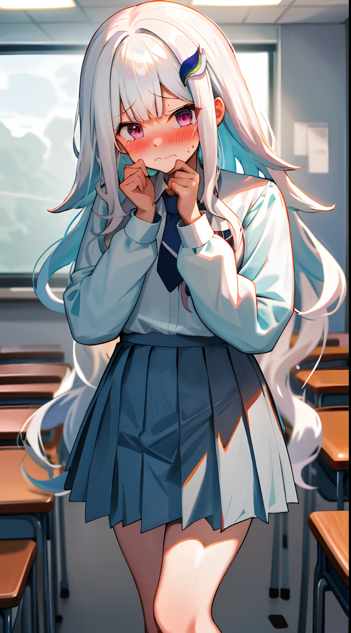 One girl with long wavy hair, white hair, looking at viewer, embarrassed, blushing, tears, indoor , school uniform, white shirt, necktie, puff long sleeves, mini skirt, thigh, perfect waist, classroom, noon atmosphere, hair ornament, standing, (embarrassed:1.0)