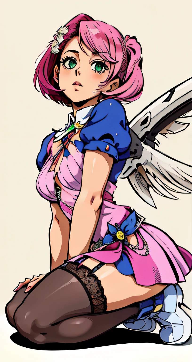 Alisa bosconovitch, melhor qualidade, contemporary, estilo plano, minimalismo, Green Eyes Flat Illustration, cabelo rosa, cabelo curto, cabelos multicoloridos, Camisa Preta, mechanical wings, Head Portrait Close-U, peito pontudo, decote, super decote, middlebreasts, Tekken,cabelo rosa pastel, 1girl, em quimono, hand-painted,Desenho de linha sem cor, colorida do yandere pastel, Tekken, Super cute pink hair girl with gothic makeup on the side, com roupa de empregada,figura esbelta,robusto,He sat on the floor,Vestido com roupas de empregada rosa e branco,cabelos muito curtos,com orelhas de gato,quadratic element,, kawaii cor-de-rosa na roupa da era de 1910, Alisa Bosconovich pink lips, no estilo da paleta de cores suave aurorapunk, an anime illustration of his face, gifs animados, hand drawn animation, charming sketches, suave e brilhante, romantismo nebuloso, Estilo Superflat, fundo branco - ar 1:1 - niji 5 - estilo expressivo --s 50 ,Pink kawaii girl in the era of 1920s clothesPink eagles, vestindo uma camisa branca brilhante, no estilo da paleta de cores suave aurorapunk, an anime illustration of his face, gifs animados, hand drawn animation, charming sketches, suave e brilhante, romantismo nebuloso, Estilo Superflat, fundo branco - ar 1:1 - niji 5 - estilo expressivo --s 50, Absurdo, Alto, ultra detalhados, (1girl:1.3), quebrar , Crie uma imagem com uma bela caligrafia