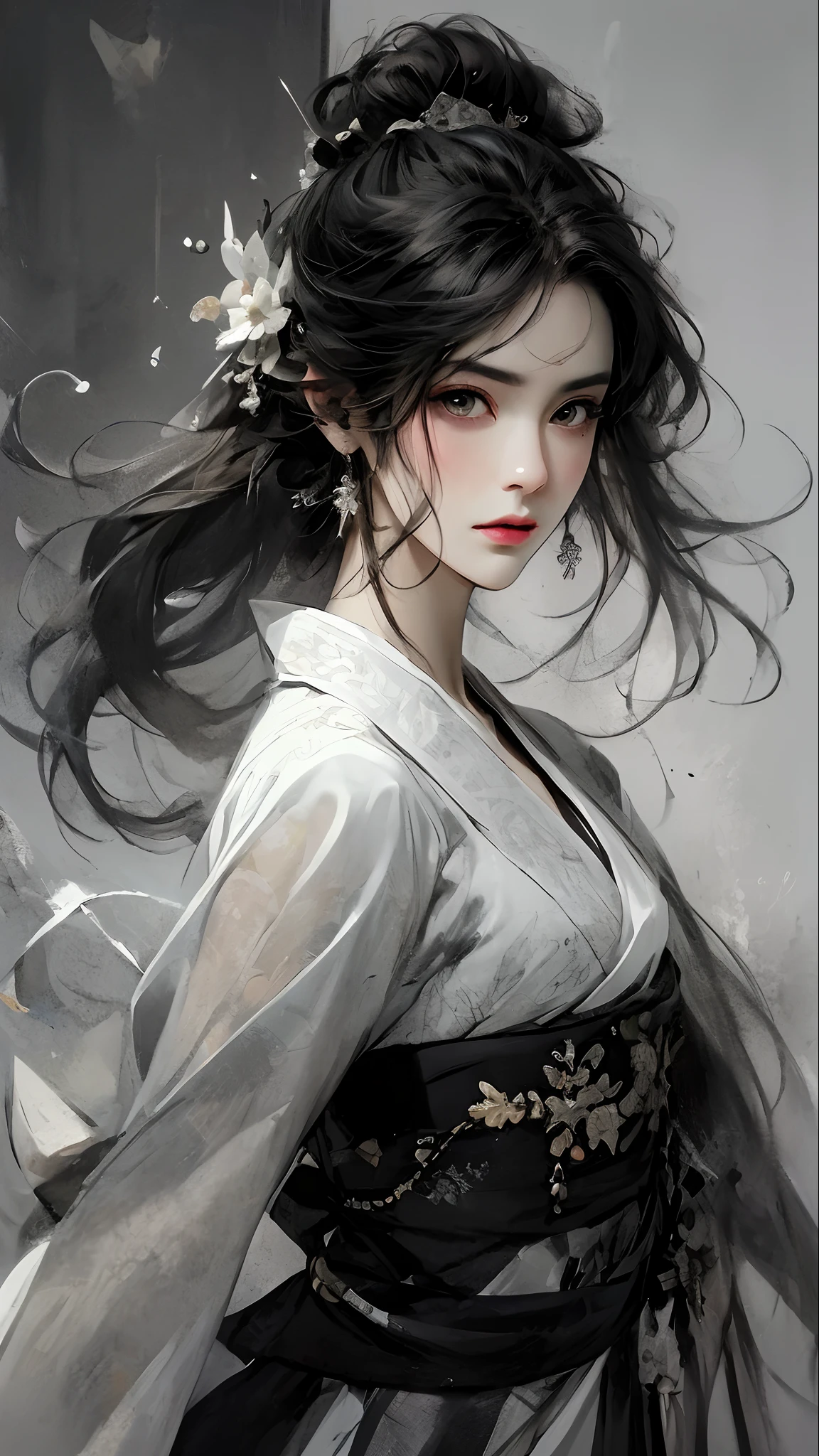 Wait Warrior Sexy, Pretty Face, Delicious company, Charming figure, Wearing a sexy open kimono. The artwork’s medium is reminiscent of Japanese ink painting......, Features bold brushstrokes and a Monochromatic color palette. artist&#39;The technical virtuosity shows the intensity and power of the image&#39;Presence，with the highest quality, Ultra-high resolution captures every detail perfectly. The textures and intricate patterns on the kimonos are rendered with extreme accuracy. Lighting is carefully designed，Enhance the drama, With dark shadows and subtle highlights. General, The artwork exudes elegance and power, Combining traditional Japanese aesthetics with a modern feel. Monochromatic color palette, Combining details, Create engaging and immersive experiences for your audience.