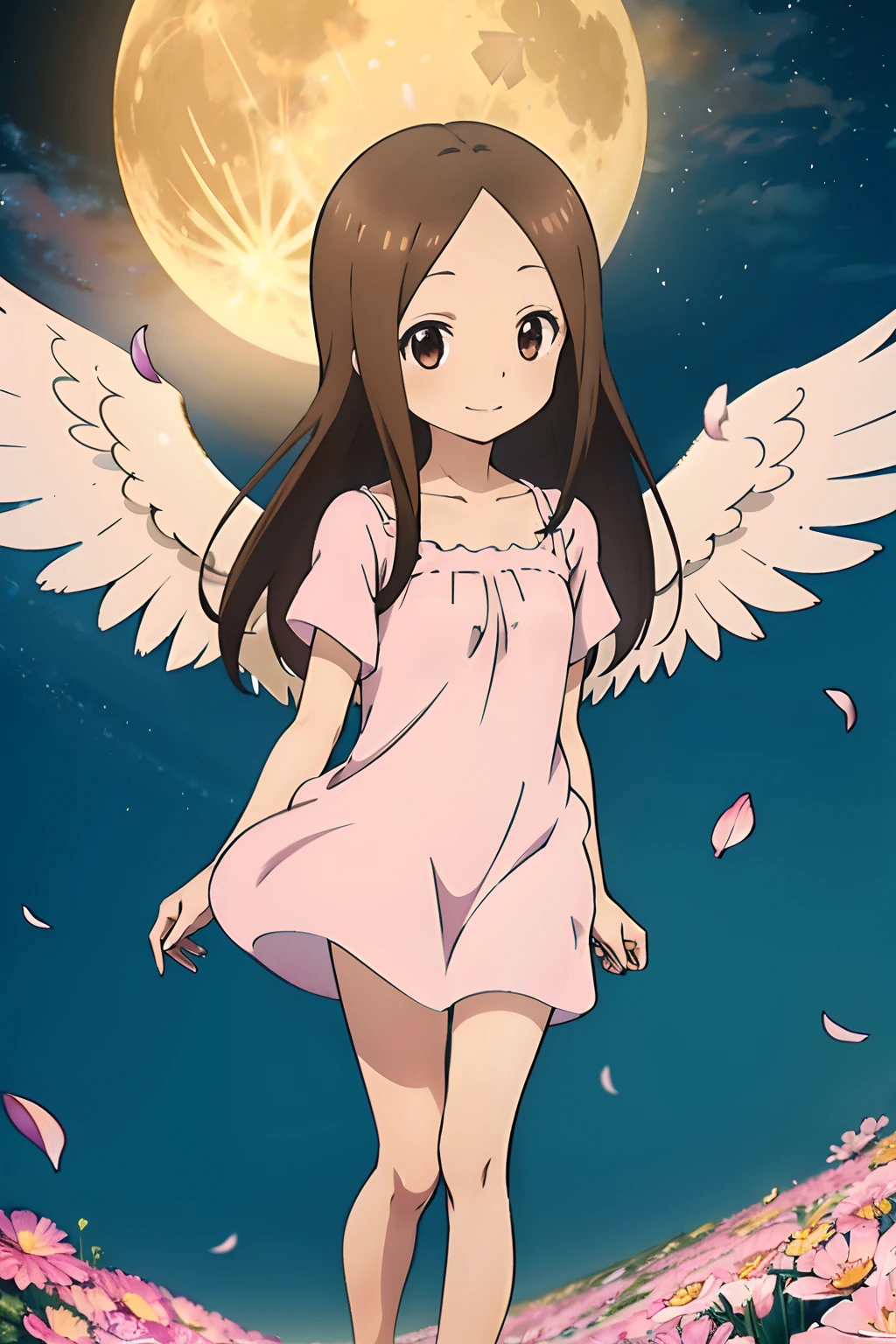 (Realistic),(Photorealistic),Takagi_San, 1girl in, Long hair,((pink nightdress)),no sleeves, ((Circle of Angels)),((Two angel wings on the back)),Angel Cosplay,Brown hair, Part bangs, Brown eyes, Forehead,Barefoot,Smile, Looking at Viewer, masutepiece,Full body,Girl in the air, Best Quality, (Colorful),volumatic light, Ray tracing,the Extremely Detailed CG Unity 8K Wallpapers,Smile,Full moon in the background,((a large number of flying petals,)),natta,light, Fantasy, Windy, magic sparks, A large number of petals fly