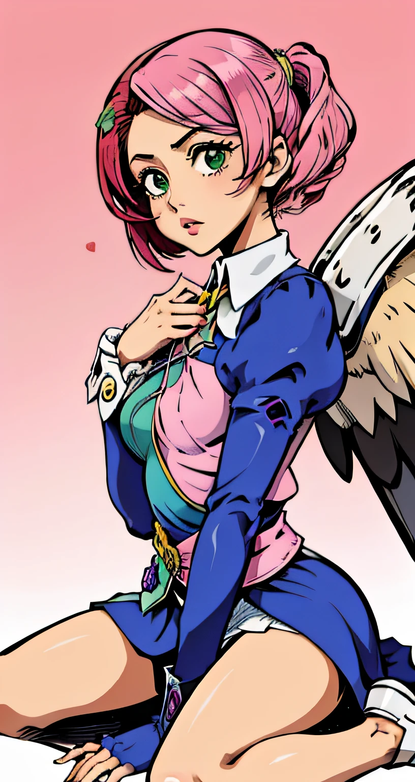 Alisa bosconovitch, melhor qualidade, contemporary, estilo plano, minimalismo, Green Eyes Flat Illustration, cabelo rosa, cabelo curto, cabelos multicoloridos, Camisa Preta, mechanical wings, Head Portrait Close-U, peito pontudo, decote, super decote, middlebreasts, Tekken,cabelo rosa pastel, 1girl, em quimono, hand-painted,Desenho de linha sem cor, colorida do yandere pastel, Tekken, Super cute pink hair girl with gothic makeup on the side, com roupa de empregada,figura esbelta,robusto,He sat on the floor,Vestido com roupas de empregada rosa e branco,cabelos muito curtos,com orelhas de gato,quadratic element,, kawaii cor-de-rosa na roupa da era de 1910, Alisa Bosconovich pink lips, no estilo da paleta de cores suave aurorapunk, an anime illustration of his face, gifs animados, hand drawn animation, charming sketches, suave e brilhante, romantismo nebuloso, Estilo Superflat, fundo branco - ar 1:1 - niji 5 - estilo expressivo --s 50 ,Pink kawaii girl in the era of 1920s clothesPink eagles, vestindo uma camisa branca brilhante, no estilo da paleta de cores suave aurorapunk, an anime illustration of his face, gifs animados, hand drawn animation, charming sketches, suave e brilhante, romantismo nebuloso, Estilo Superflat, fundo branco - ar 1:1 - niji 5 - estilo expressivo --s 50, Absurdo, Alto, ultra detalhados, (1girl:1.3), quebrar , Crie uma imagem com uma bela caligrafia