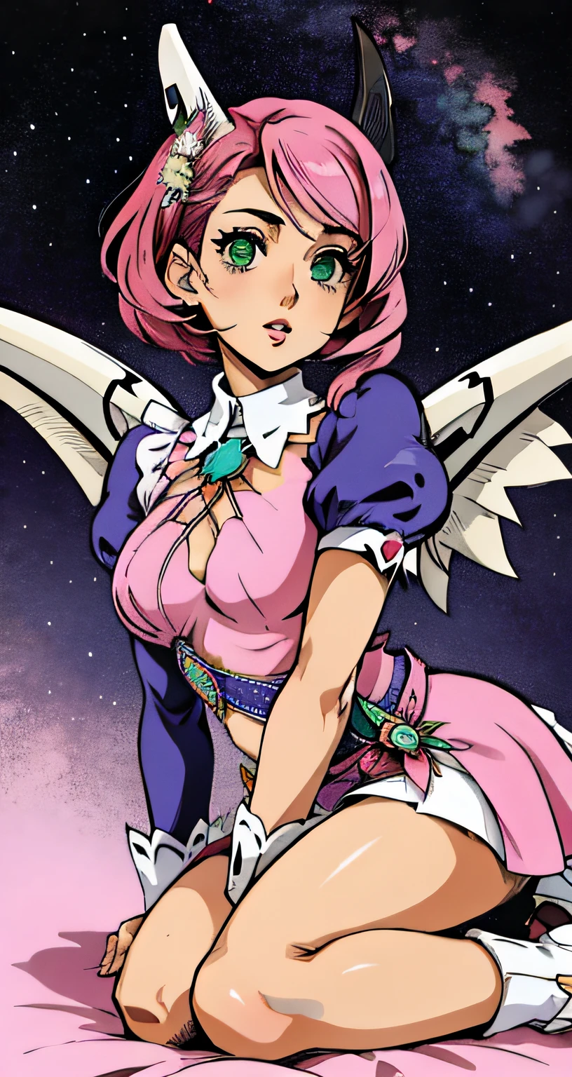 Alisa bosconovitch, melhor qualidade, contemporary, estilo plano, minimalismo, Green Eyes Flat Illustration, cabelo rosa, cabelo curto, cabelos multicoloridos, Camisa Preta, mechanical wings, Head Portrait Close-U, peito pontudo, decote, super decote, middlebreasts, Tekken,cabelo rosa pastel, 1girl, em quimono, hand-painted,Desenho de linha sem cor, colorida do yandere pastel, Tekken, Super cute pink hair girl with gothic makeup on the side, com roupa de empregada,figura esbelta,robusto,He sat on the floor,Vestido com roupas de empregada rosa e branco,cabelos muito curtos,com orelhas de gato,quadratic element,, kawaii cor-de-rosa na roupa da era de 1910, Alisa Bosconovich pink lips, no estilo da paleta de cores suave aurorapunk, an anime illustration of his face, gifs animados, hand drawn animation, charming sketches, suave e brilhante, romantismo nebuloso, Estilo Superflat, fundo branco - ar 1:1 - niji 5 - estilo expressivo --s 50 ,Pink kawaii girl in the era of 1920s clothesPink eagles, vestindo uma camisa branca brilhante, no estilo da paleta de cores suave aurorapunk, an anime illustration of his face, gifs animados, hand drawn animation, charming sketches, suave e brilhante, romantismo nebuloso, Estilo Superflat, fundo branco - ar 1:1 - niji 5 - estilo expressivo --s 50, Absurdo, Alto, ultra detalhados, (1girl:1.3), quebrar , Crie uma imagem com uma bela caligrafia