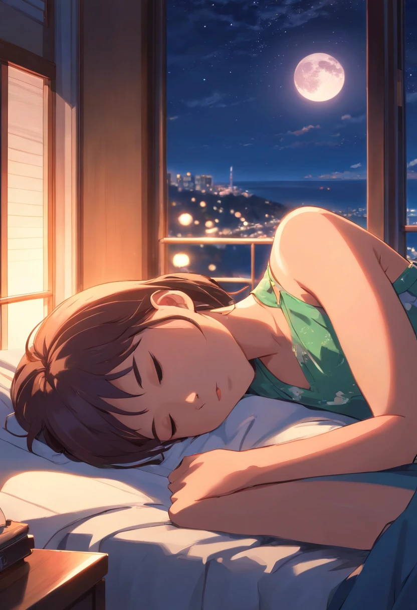 Beautiful Woman,((24yo)),moonlit glow,at night,Sleeping,((Sleeping)),bed,By the window