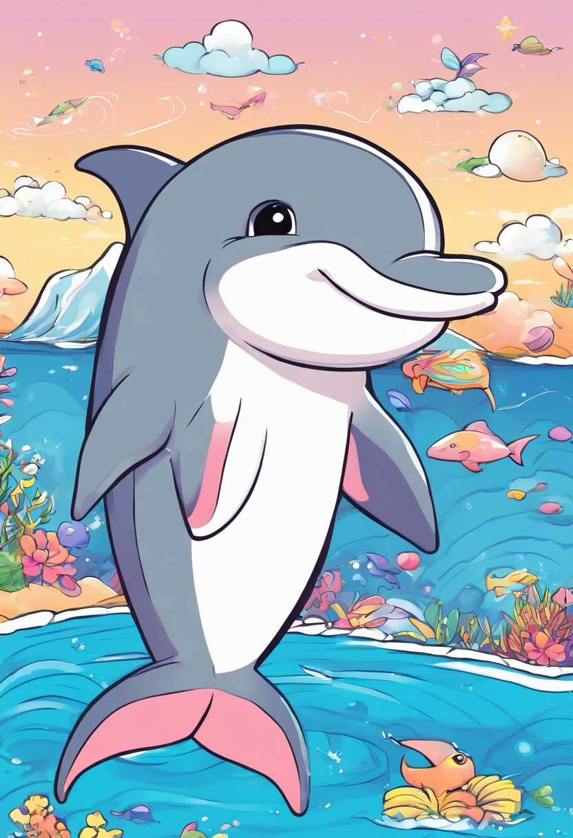 dibujo en blanco y negro para colorear, A dolphin in the ocean, estilo ,Childish Traits, Dicke Linien, keine Farbe, white background, Nur Bindestriche.