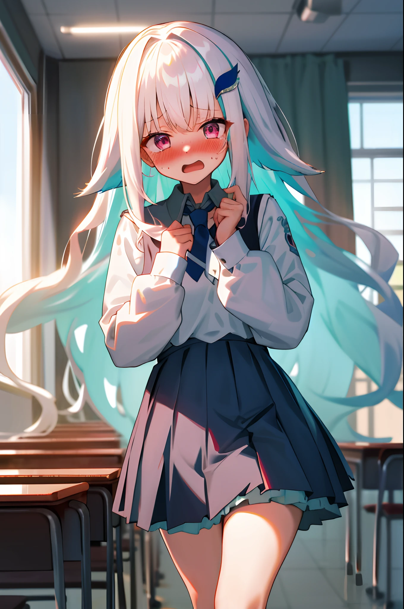 One girl with long wavy hair, white hair, looking at viewer, embarrassed, blushing, tears, open mouth, indoor , school uniform, white shirt, necktie, puff long sleeves, mini skirt, thigh, perfect waist, classroom, noon atmosphere, hair ornament, standing, (embarrassed:1.0)