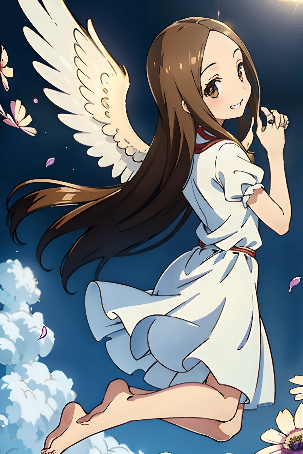 (Realistic),(Photorealistic),Takagi_San, 1girl in, Long hair,((White ruffled dress)),no sleeves, ((golden angel ring)),((Two angel wings on the back)),Angel Cosplay,Brown hair, Part bangs, Brown eyes, Forehead,Barefoot,Smile, Looking at Viewer, masutepiece,Full body,Girl in the air, Best Quality, (Colorful),volumatic light, Ray tracing,the Extremely Detailed CG Unity 8K Wallpapers,Smile,Full moon on silver background,((a large number of flying petals,)),natta,light, Fantasy, Windy, magic sparks, A large number of petals fly