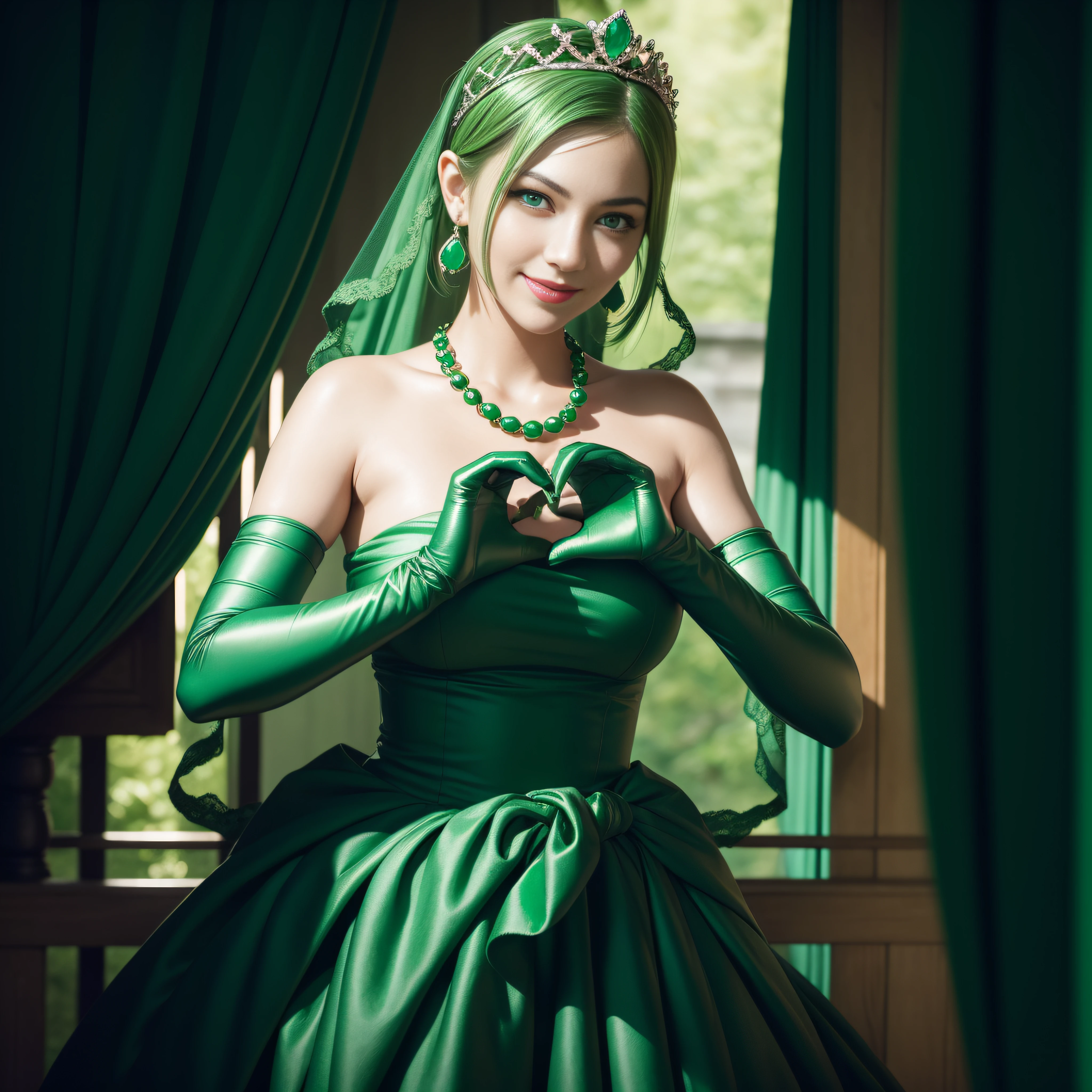emerald tiara, Green Pearl Necklace, Boyish very short green hair, lipsticks, Japan woman smiling, very short short hair,  big breasts beautiful, Green eyes, Long green gloves made of satin material, Green eyes, Emerald Earrings, green vale, Heart with both hands