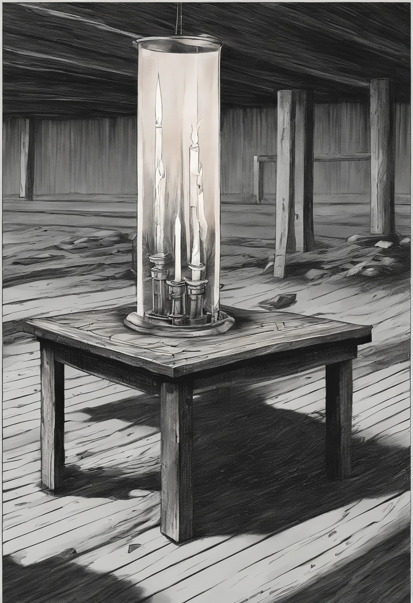 Candle sitting on a worn wooden table