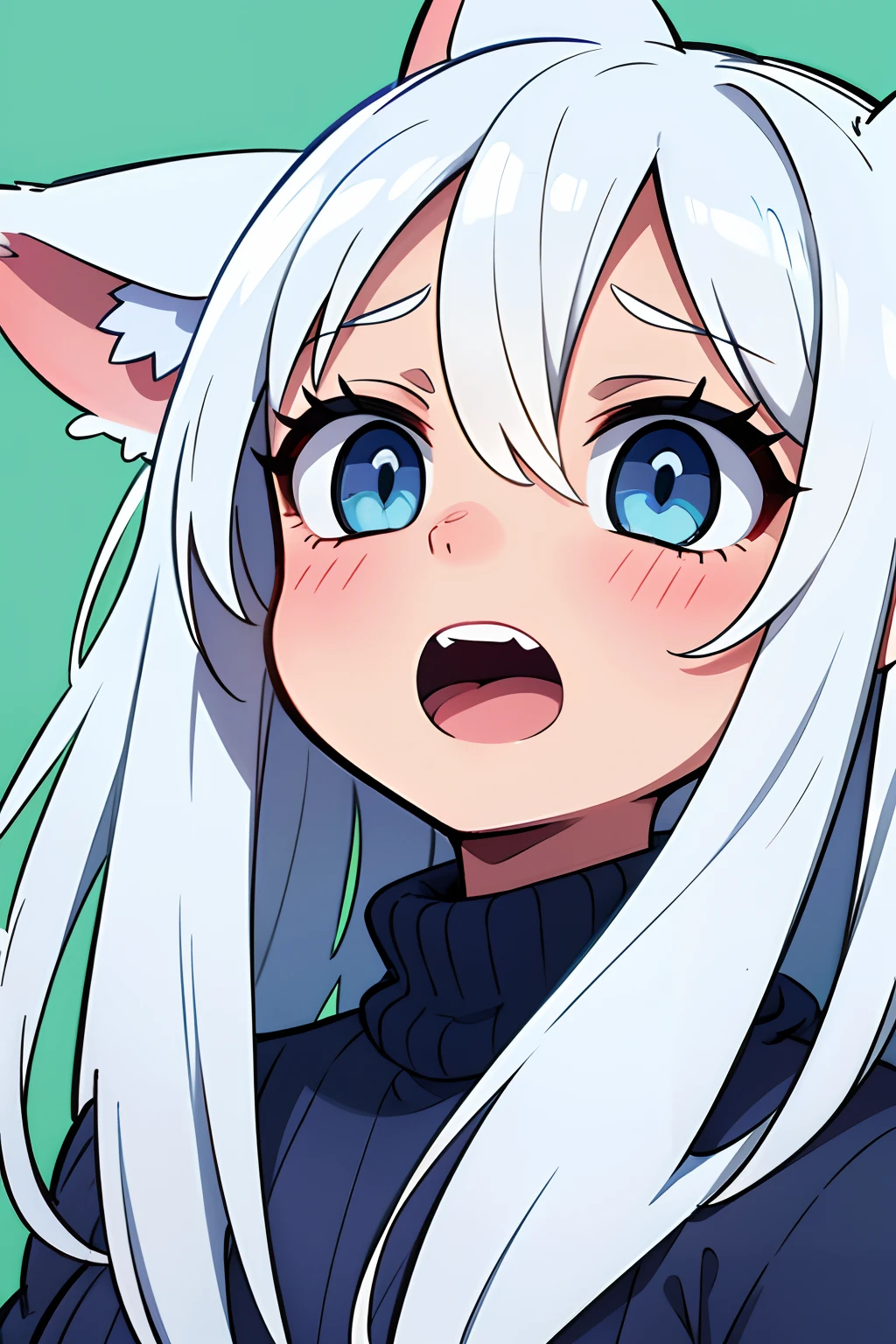 1girl, long white hair, blue eyes, wearing only blue sweater, fox ears , absurdres, high res, ultrasharp, 8K, masterpiece, looking at viewer, face only, green background, close up, surprised, open mouth, scared