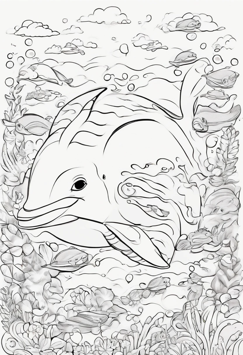 dibujo en blanco y negro para colorear, A dolphin in the ocean