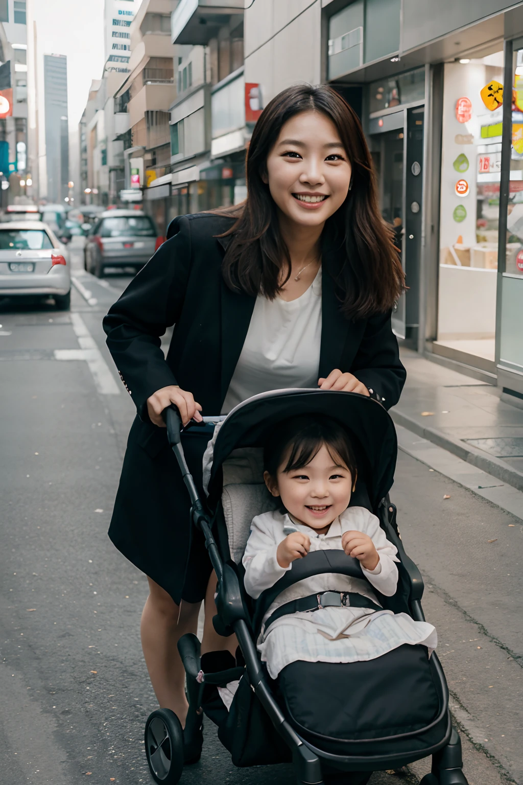 Korean mom pushing a stroller with her 4-year-old daughter inside, smiling, while walking