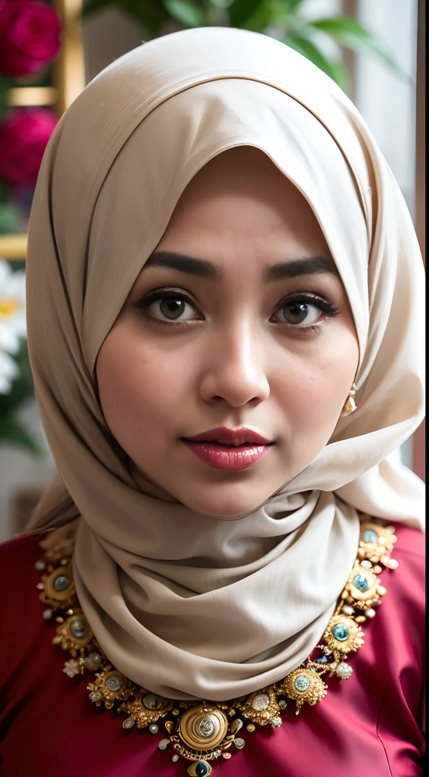 1 malay girl , modern plain hijab,  shy, medium portrait shot , watery  eyes , watery lips, big eyes, ((big breast )) , soft smile, full_body, woman malay in hijap, wearing java wedding woman in red long kebaya dress traditional, glossy lipstick, golden necklace, earrings, ornate,intricate decoration, detail, flowers, blurry background, soft focus