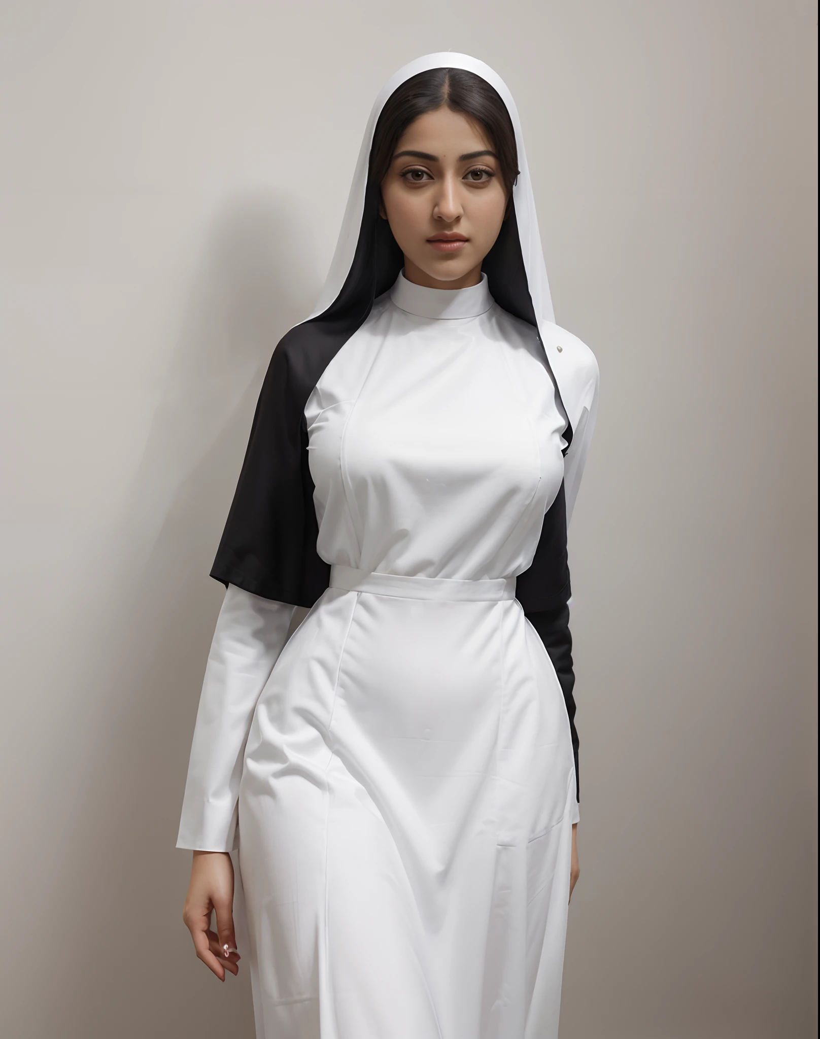 portrait of a beautiful, ((nun)), (Anu Emmanuel:1.3) , model  style, (extremely detailed CG unity 8k wallpaper), full shot body photo of the most beautiful artwork in the world, professional , trending on ArtStation, trending on CGSociety, Intricate, High Detail, Sharp focus, dramatic, photorealistic painting art by midjourney and greg rutkowski,