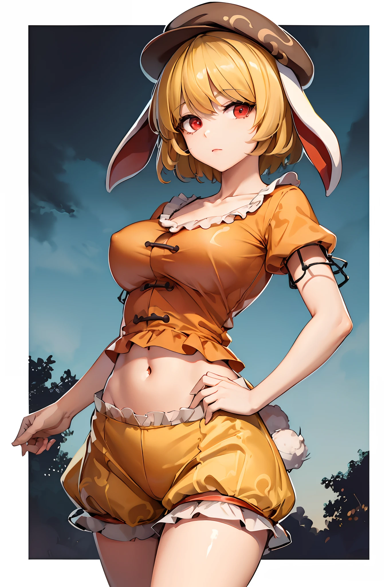 ringo \(touhou\), blonde hair, short hair, cabbie hat, orange shirt, navel, rabbit ears, red eyes, collarbone, frilled dress, yellow shorts, large breasts, detailed face, detailed eyes, detailed hair