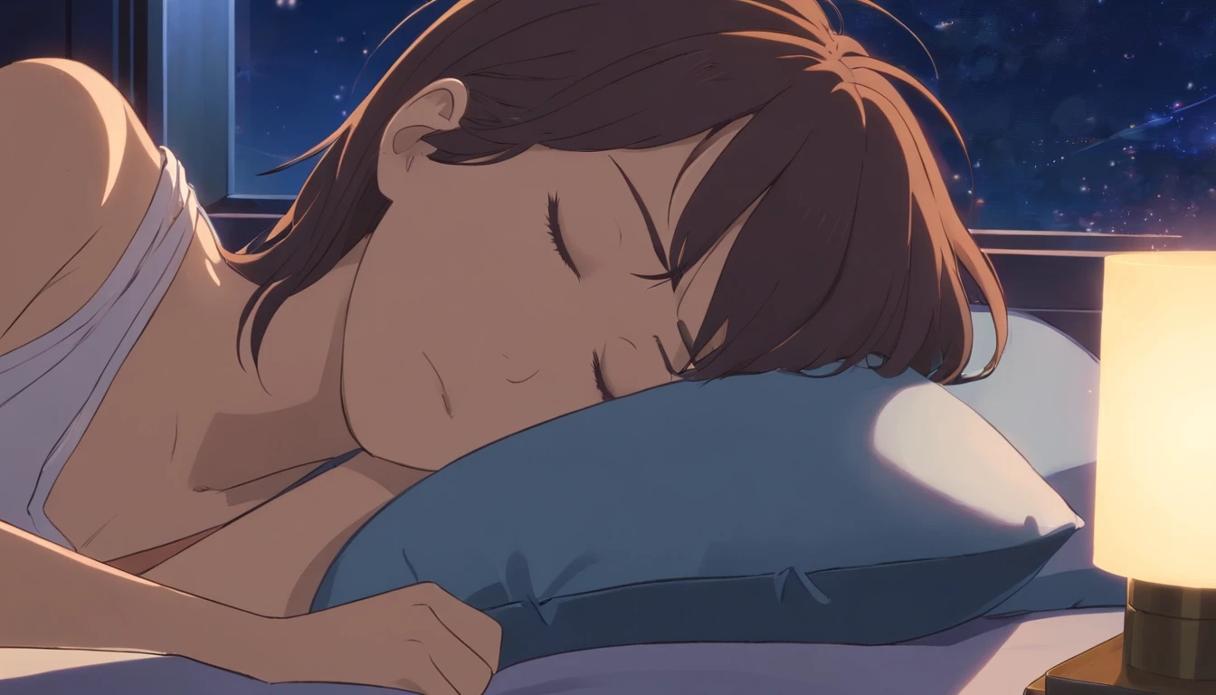 Beautiful Woman,((24yo)),moonlit glow,at night,Sleeping,((Sleeping)),bed,By the window,Closing your eyes,Closed eyes,Sleeping,